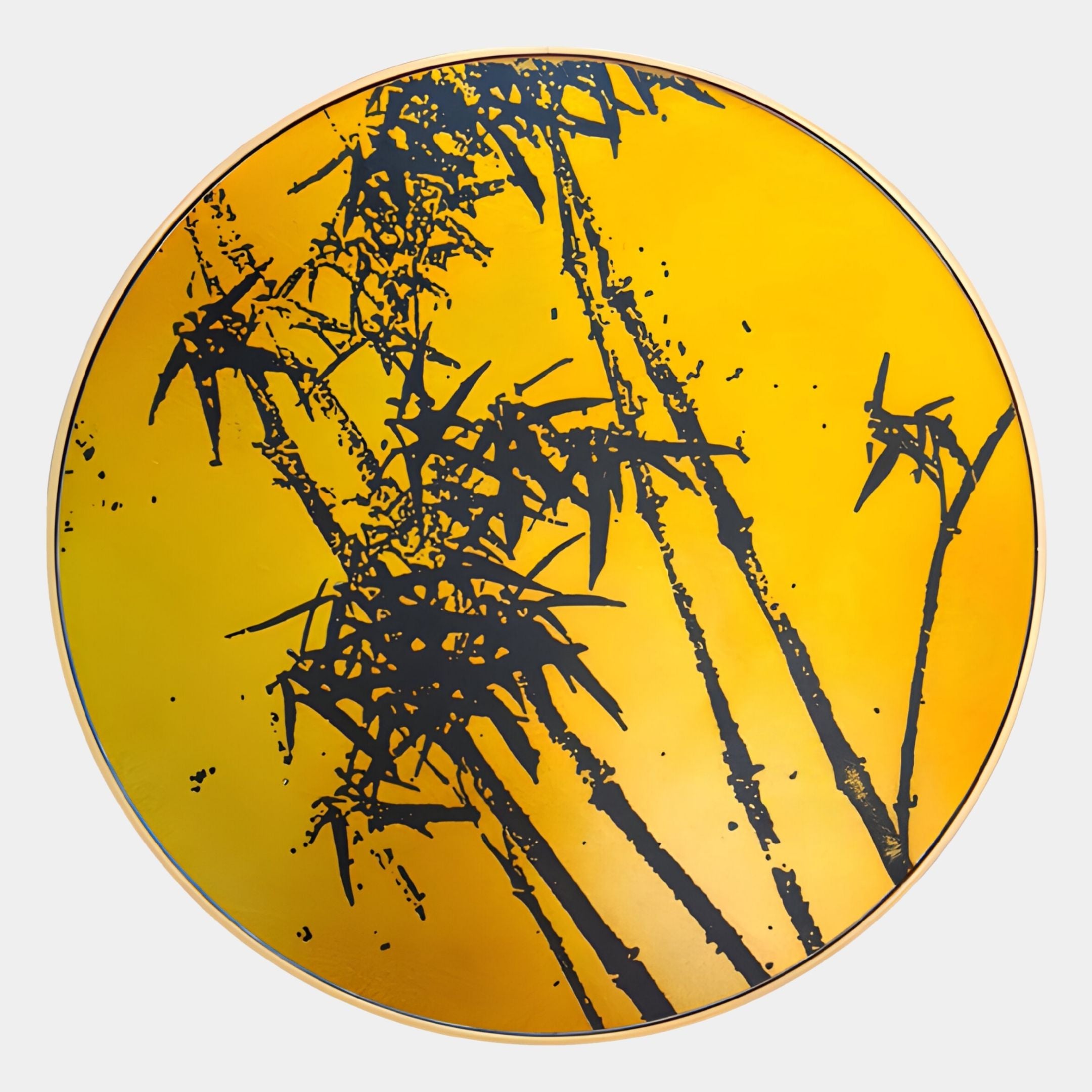 The Auralune Golden Bamboo Silhouette Round 3D Wall Art by Giant Sculptures features bold bamboo silhouettes on a bright yellow background, making it a striking modern decor piece that adds a touch of nature-inspired style to your space.