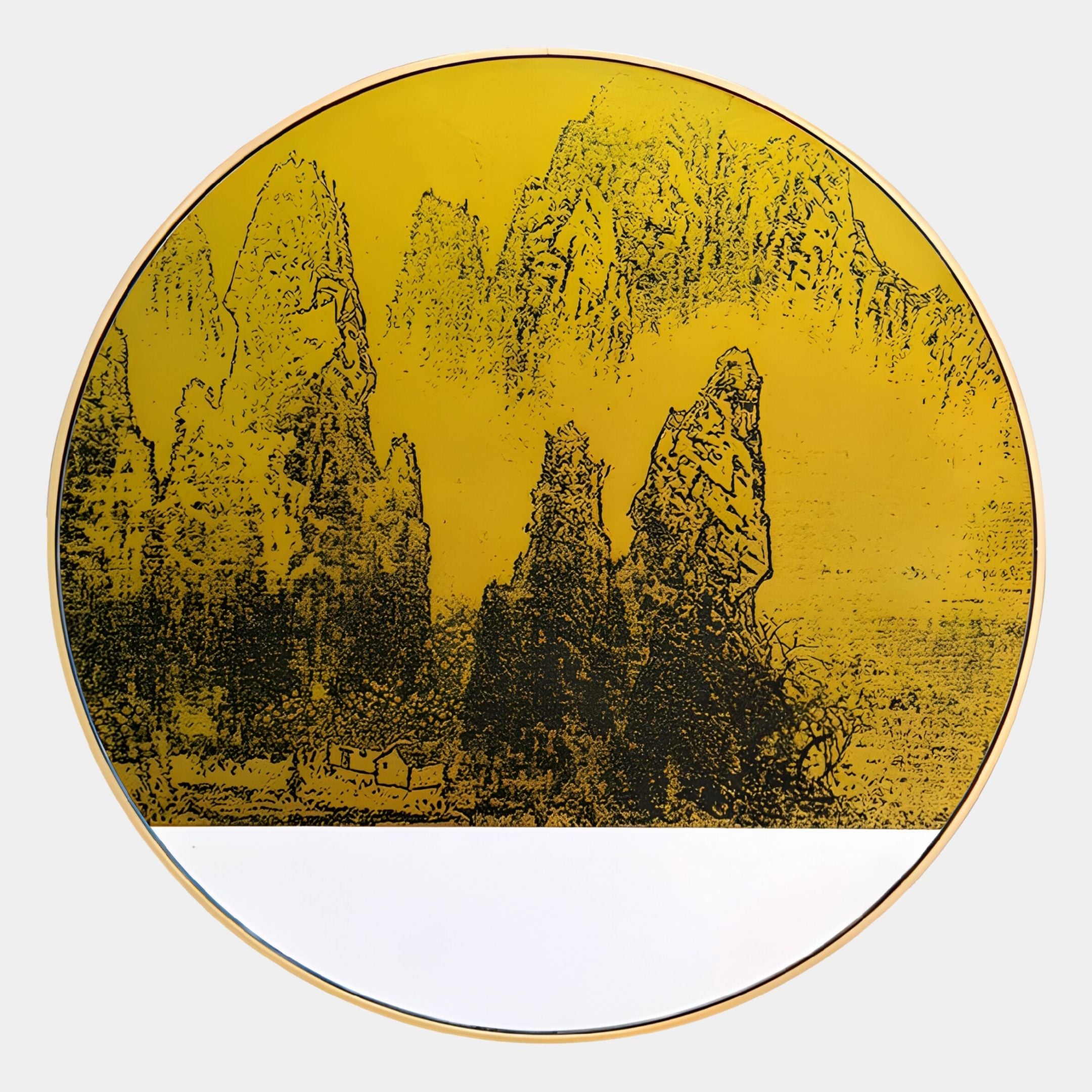The Auralune Golden Peaks View Landscape Round 3D Wall Art by Giant Sculptures features a yellow background, black textured mountain peaks, and small buildings above a contrasting blank white lower section.