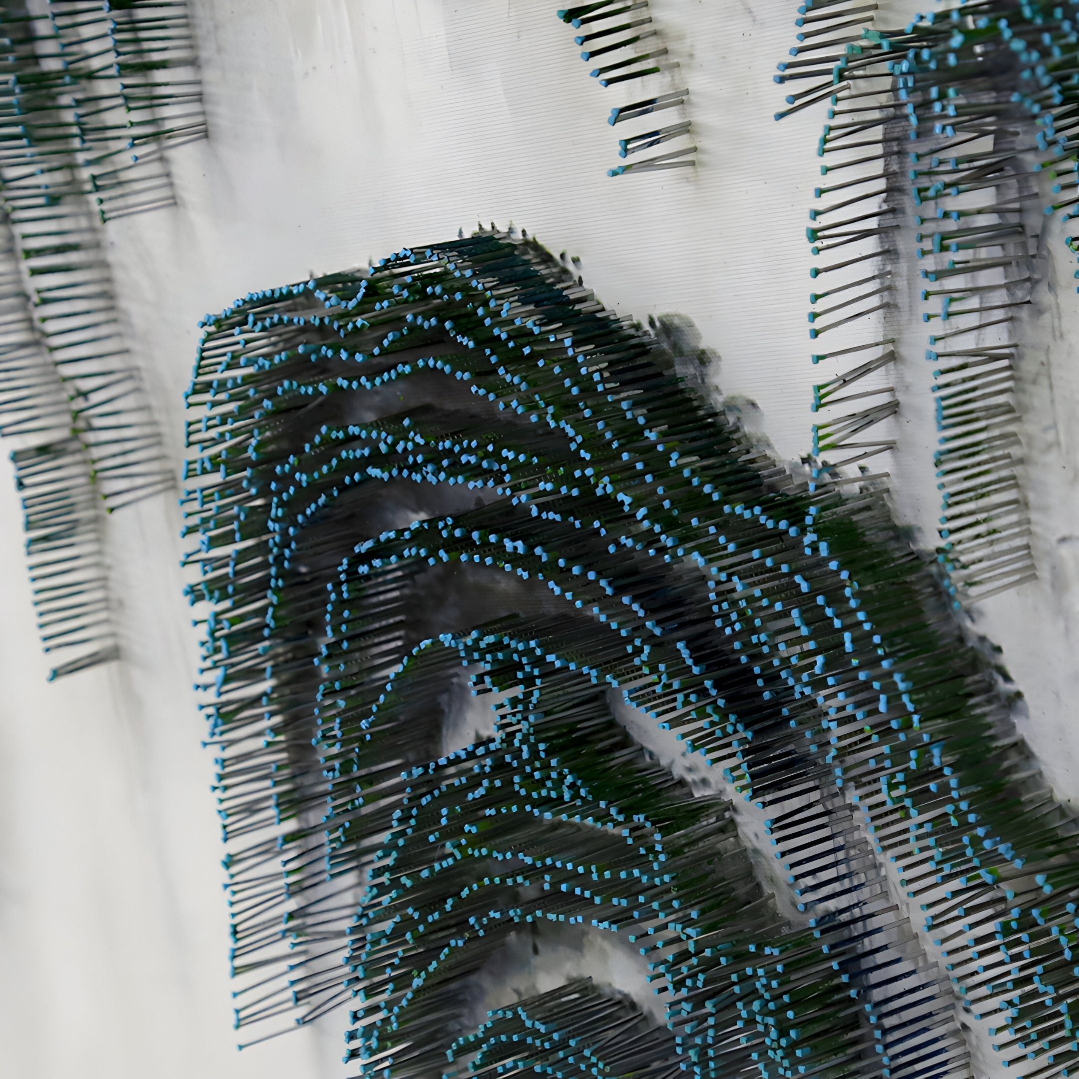 The Montrevian Misty Mountain Cascade Nail Round 3D Wall Art by Giant Sculptures features layered black and green threads with blue beads in wave-like curves on a translucent white background, creating a textured, dynamic abstract design.