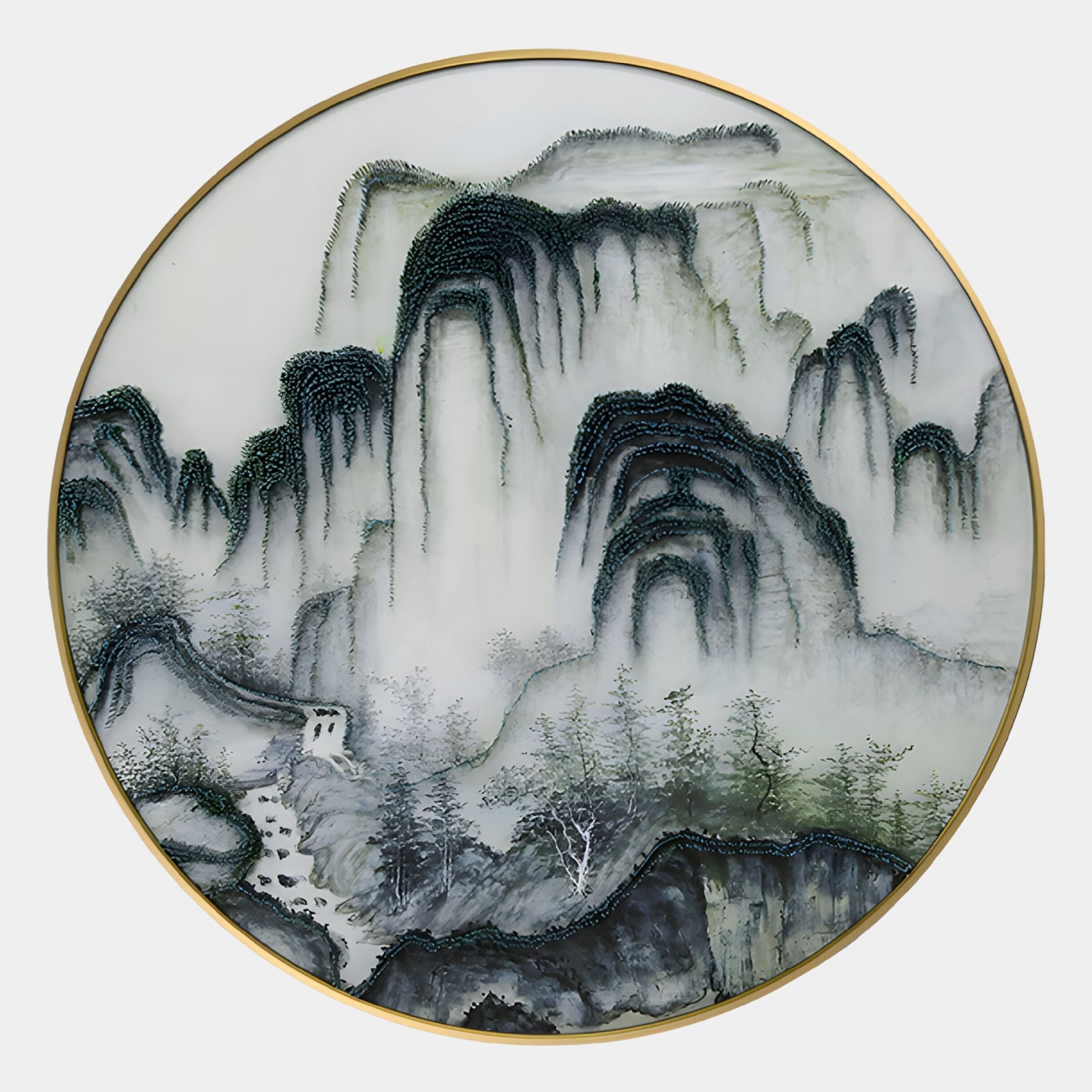 The Montrevian Misty Mountain Cascade Nail Round 3D Wall Art by Giant Sculptures features a gold-framed misty mountain scene with textured cliffs, lush foliage, and flowing water in soft monochrome and green tones for a refined look.