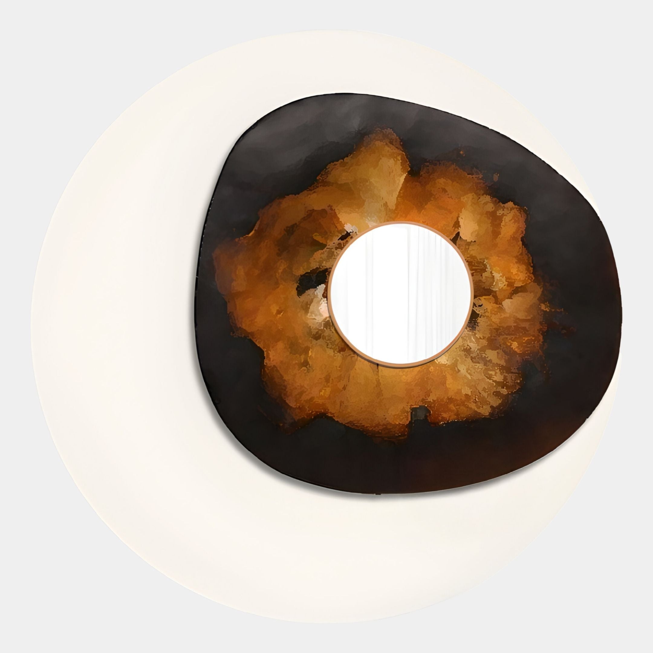 The Lunestre Ember Bloom Abstract Round Mirror 3D Wall Art by Giant Sculptures features a hand-painted, burnt orange and brown irregular frame set on a white circular background, serving as both a functional mirror and striking wall art.