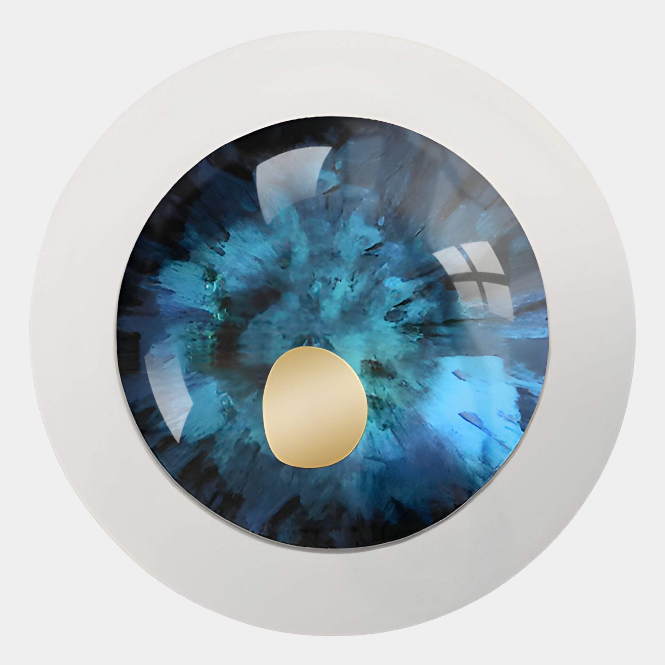 The Iriselle Deep Teal Crystal Porcelain Round 3D Wall Art by Giant Sculptures features a glossy blue and black iris design with a golden oval pupil on white, creating an elegant, realistic crystal porcelain accent for your wall.