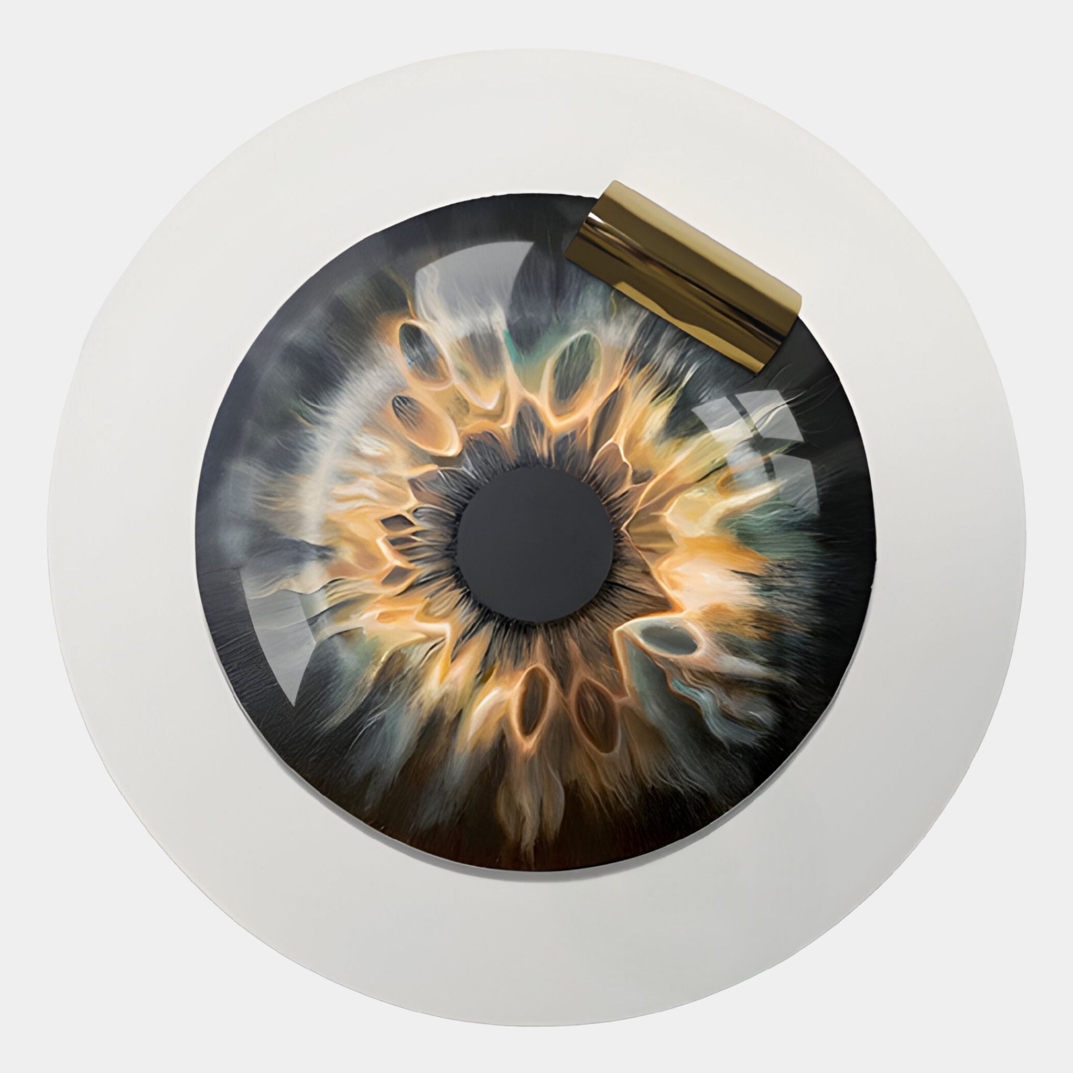 The Iriselle Amber Flare Crystal Porcelain Round 3D Wall Art by Giant Sculptures features swirling brown, gold, and gray tones with a metallic gold accent—an eye-catching choice for modern interiors.