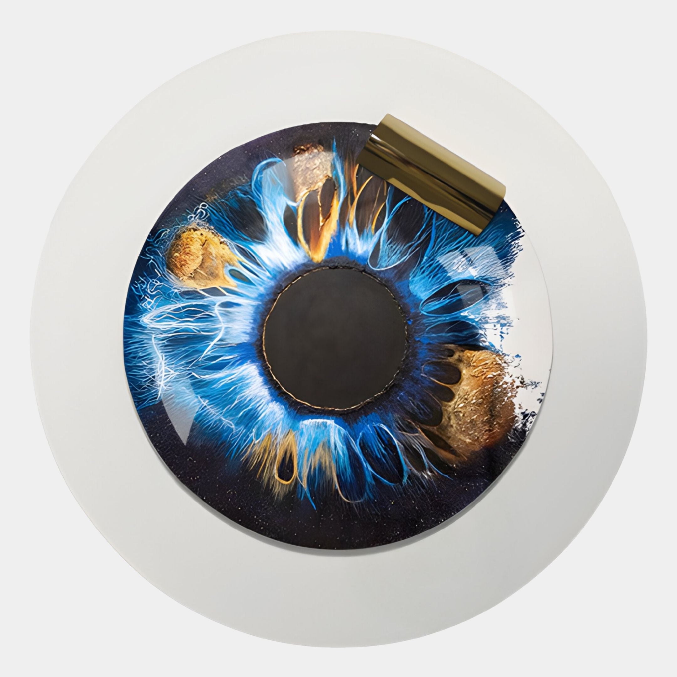 The Iriselle Cosmic Blue Crystal Porcelain Round 3D Wall Art by Giant Sculptures features eye-inspired blue, black, and gold patterns with metallic gold accents on a white backdrop, bringing striking dimension and designer flair to any wall.