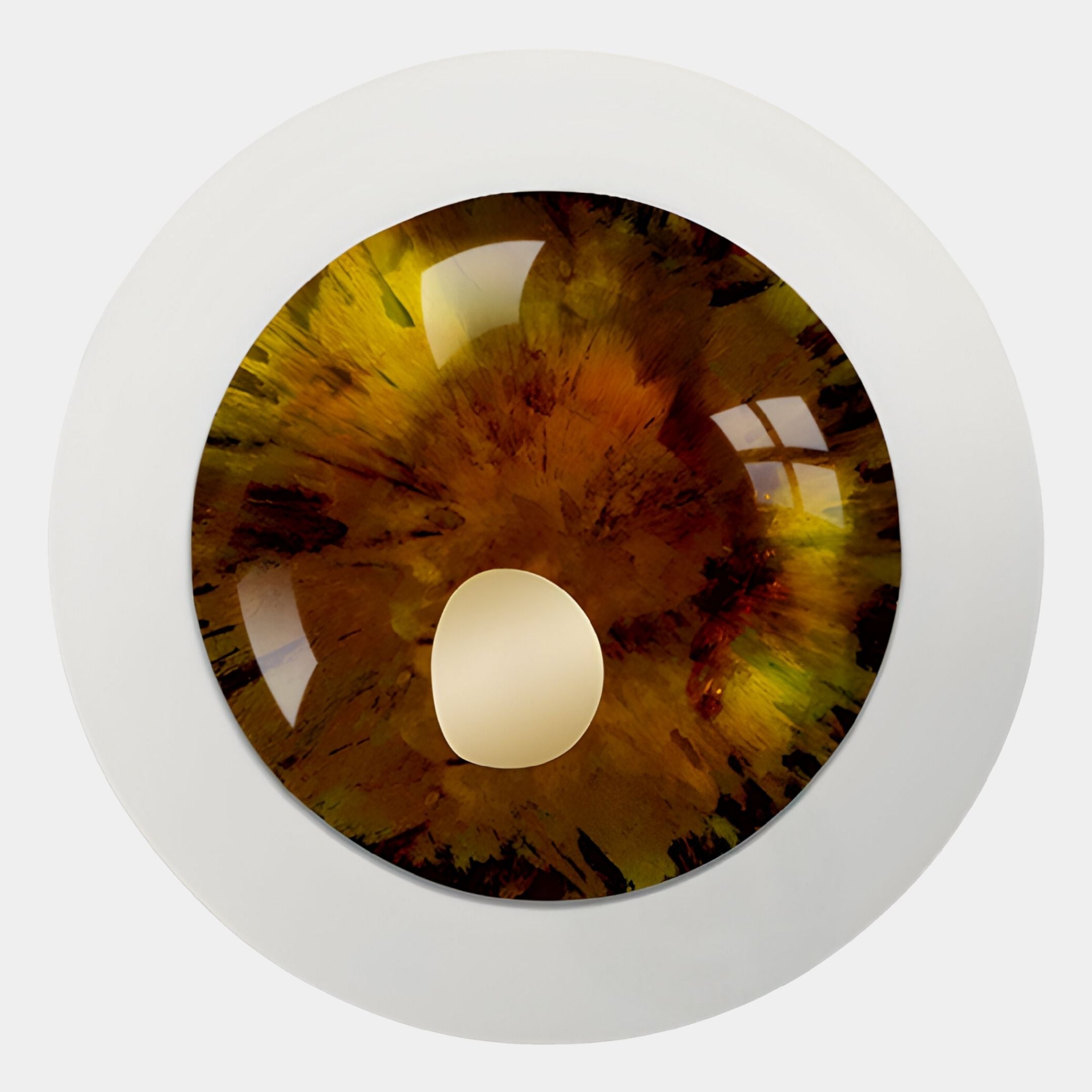 The Iriselle Amber Crystal Porcelain Round 3D Wall Art by Giant Sculptures features a lifelike artificial eye with a brown and amber iris, white sclera, and reflective highlight, capturing intricate detail in stunning wall decor.