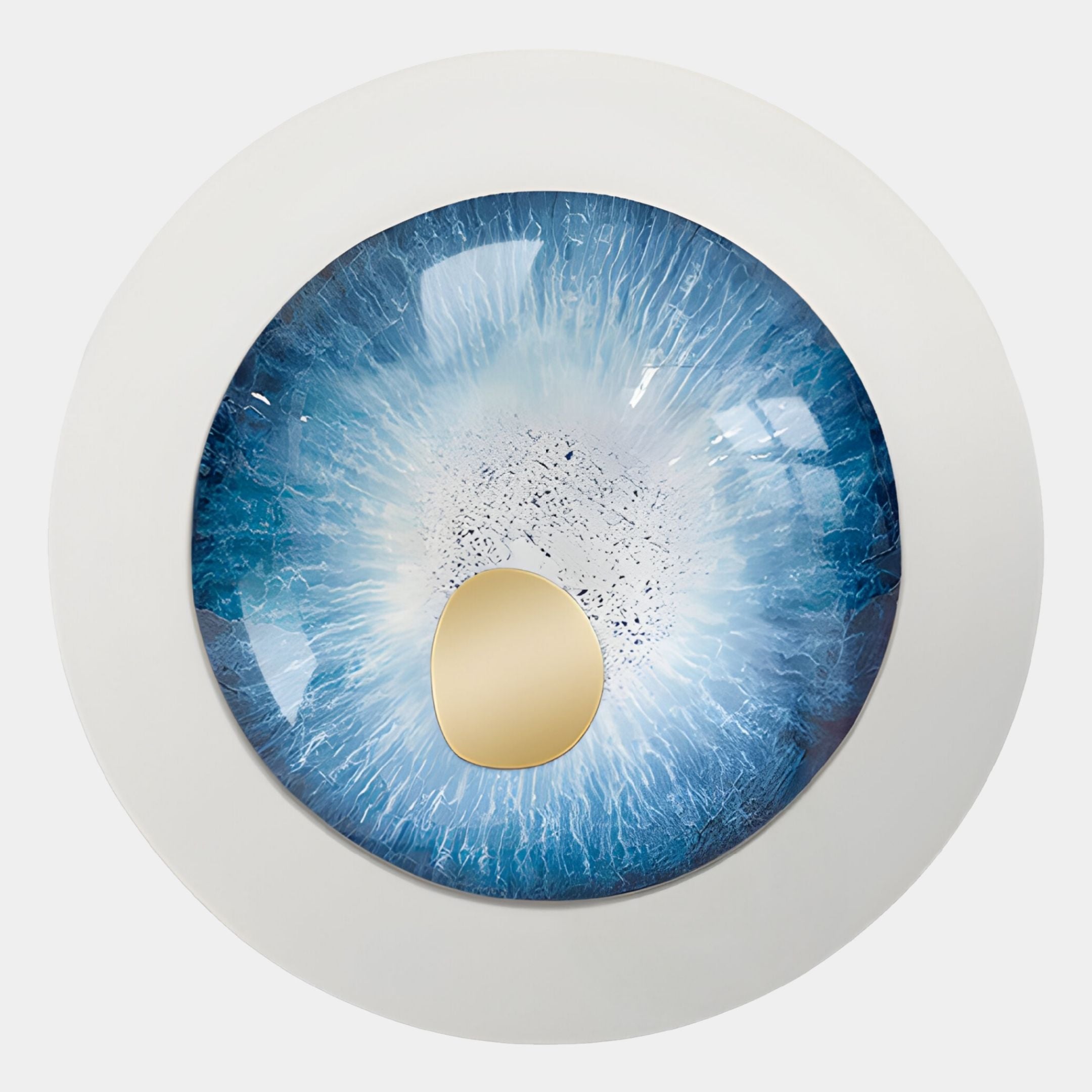 Add a modern touch with the Iriselle Ice Blue Crystal Porcelain Round 3D Wall Art by Giant Sculptures—featuring a blue iris design with white streaks and a gold center, set against a white background.