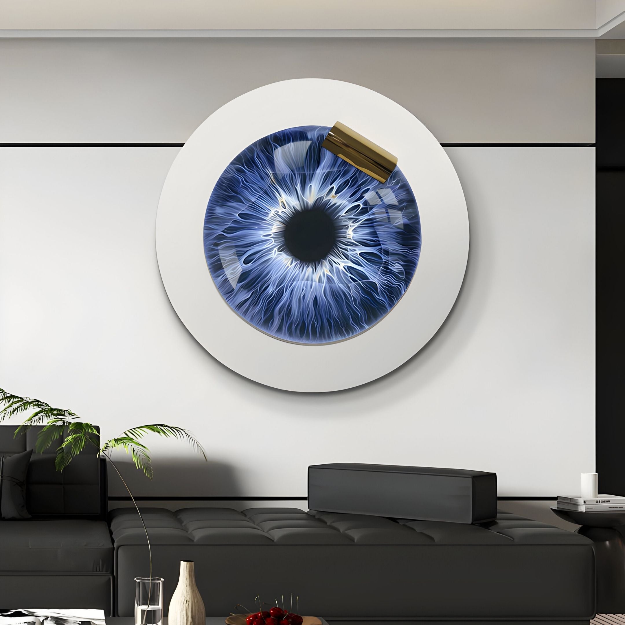 An Iriselle Sapphire Iris Crystal Porcelain Round 3D Wall Art by Giant Sculptures with a gold accent hangs above a modern black sofa, adding striking elegance to the minimalist living room.