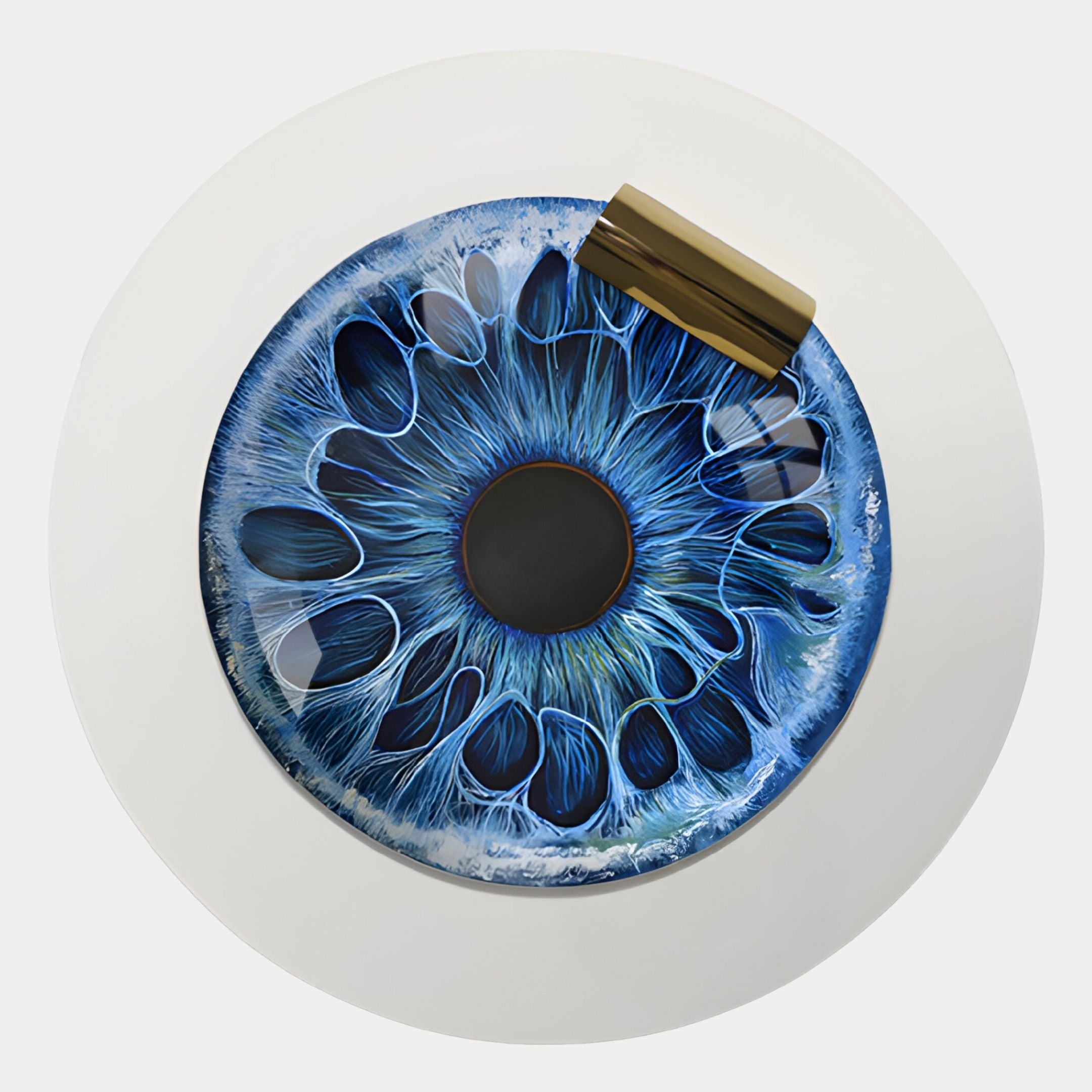 The Iriselle Oceanic Halo Crystal Porcelain Round 3D Wall Art by Giant Sculptures features a white surface, gold-edged rim, and a striking blue and black iris-inspired eye design in the center, evoking elegant crystal porcelain artistry.