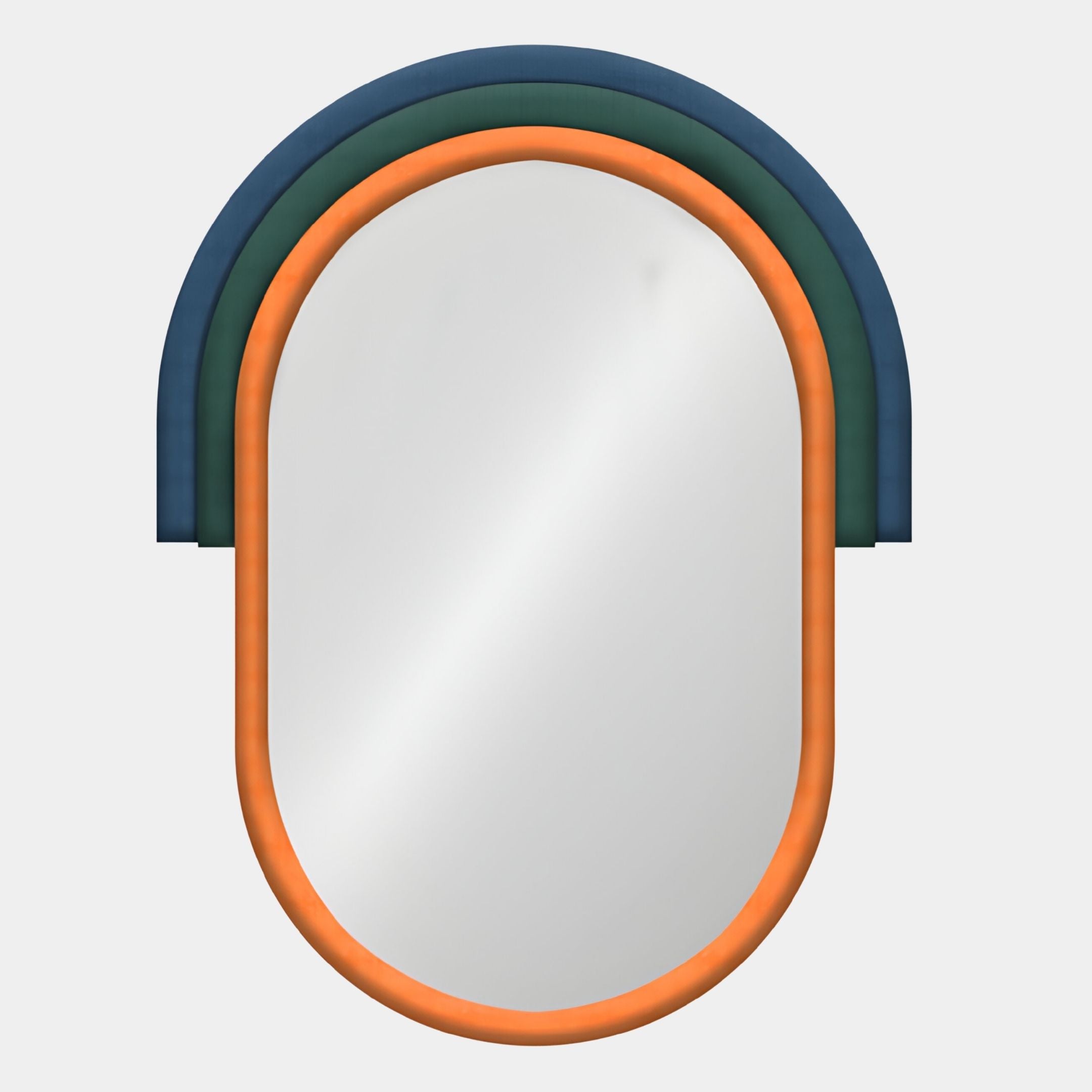 The Arcaluna Blue & Orange Layered Arch Mirror 3D Wall Art by Giant Sculptures features an oval design with bold orange, dark green, and navy blue layers—a modern accent perfect for enhancing any plain white wall.