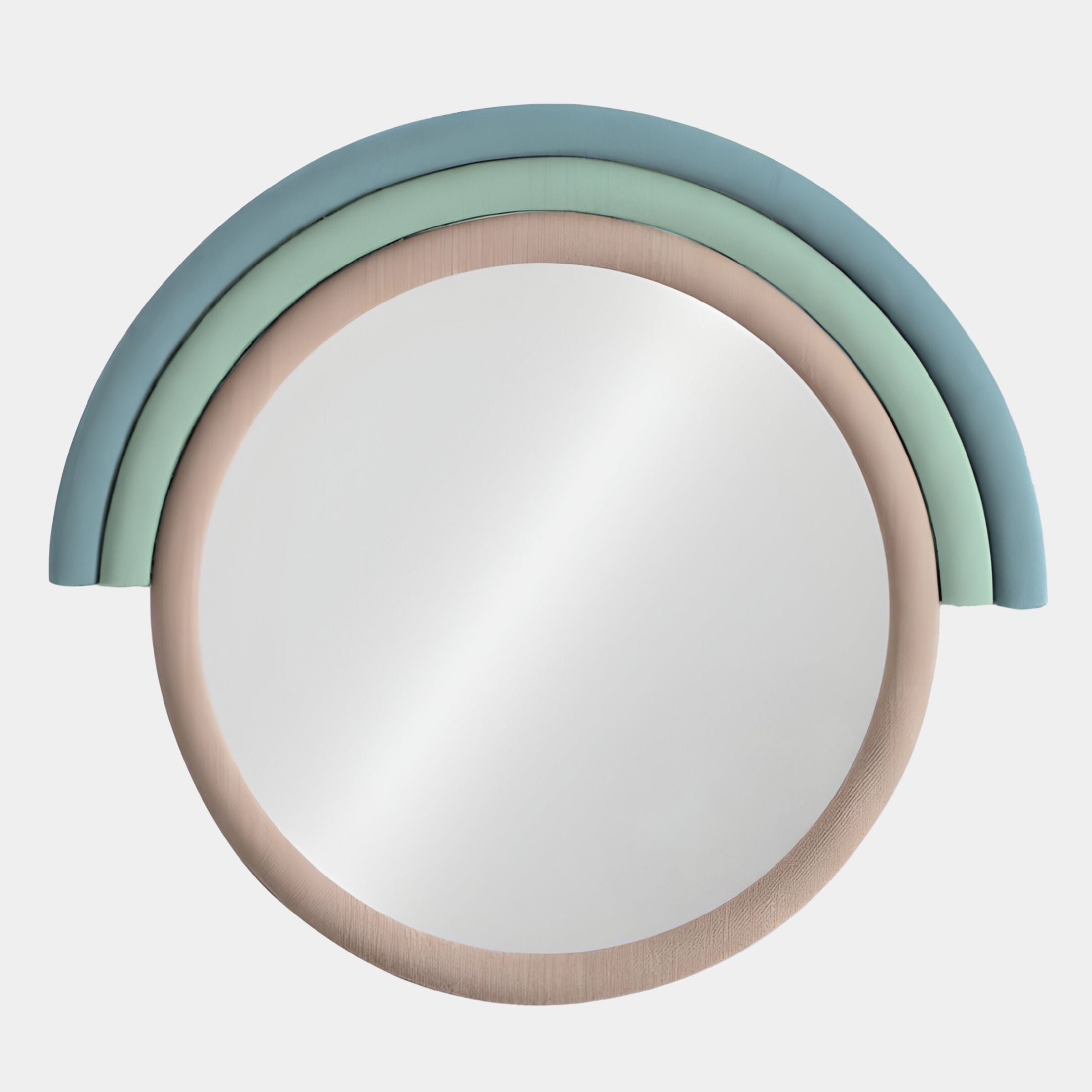 The Arcaluna Sky & Mint Layered Round Mirror 3D Wall Art by Giant Sculptures features a light beige frame and semi-circular mint and blue arches, creating a modern Nordic rainbow effect against a white background.