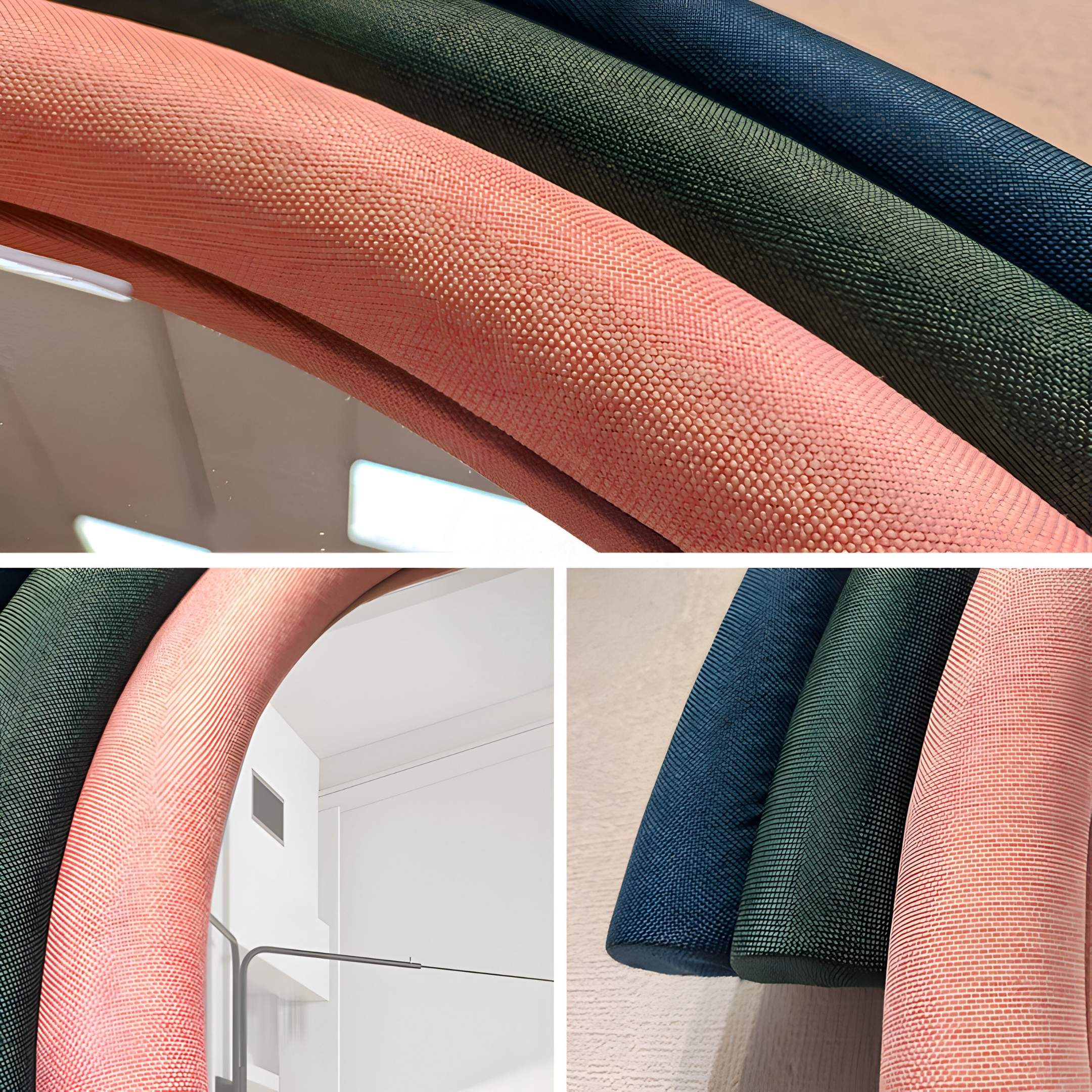 Close-up photos of Giant Sculptures' Arcaluna Navy & Green Layered Round Mirror 3D Wall Art show curved, textured pink, green, and blue objects on a light background—modern minimalist decor for your wall.