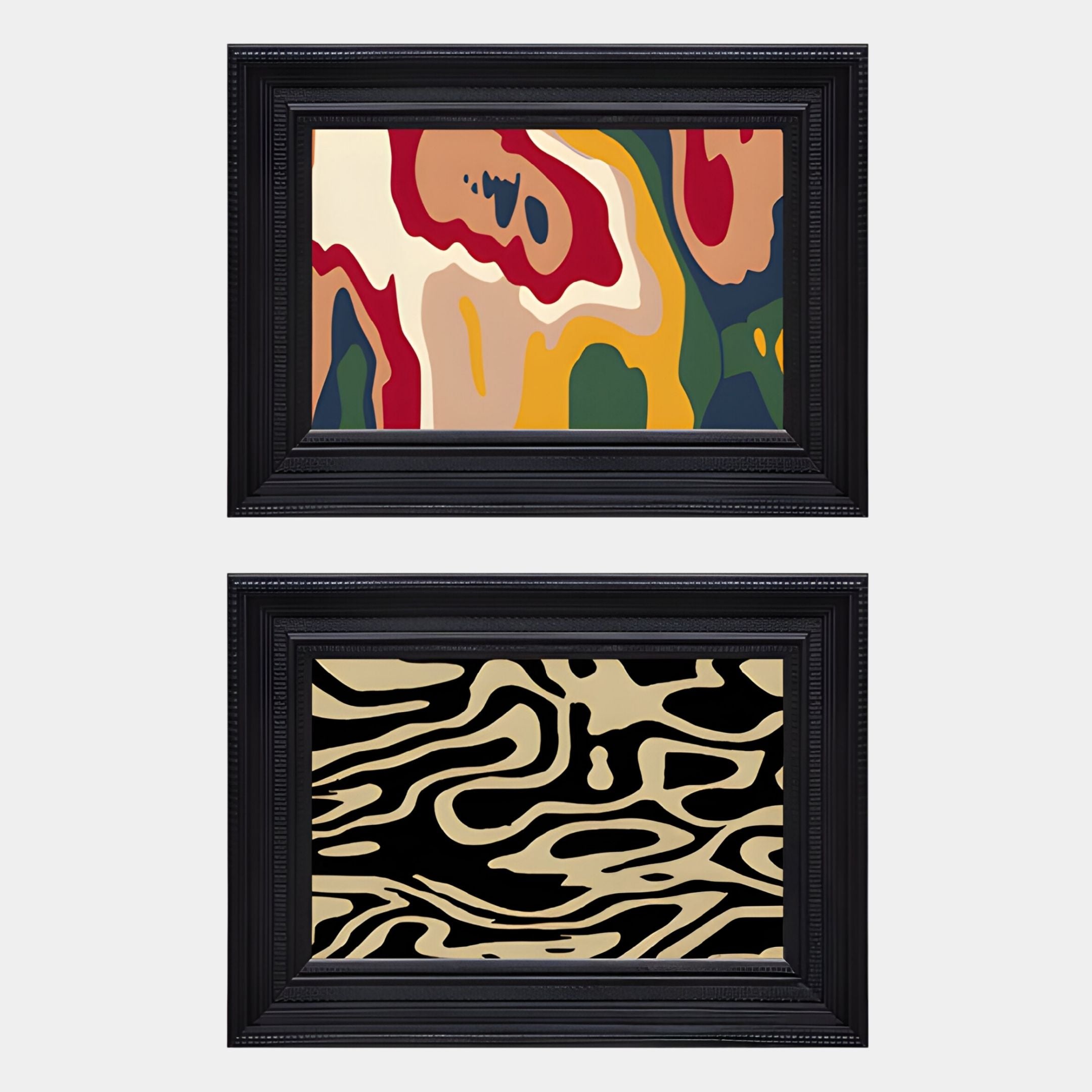 The Giant Sculptures Ardensir Multicolour Abstract 2-Set Framed Wall Art features modern organic shapes above and cream wavy lines on black below, creating a bold accent for any room.