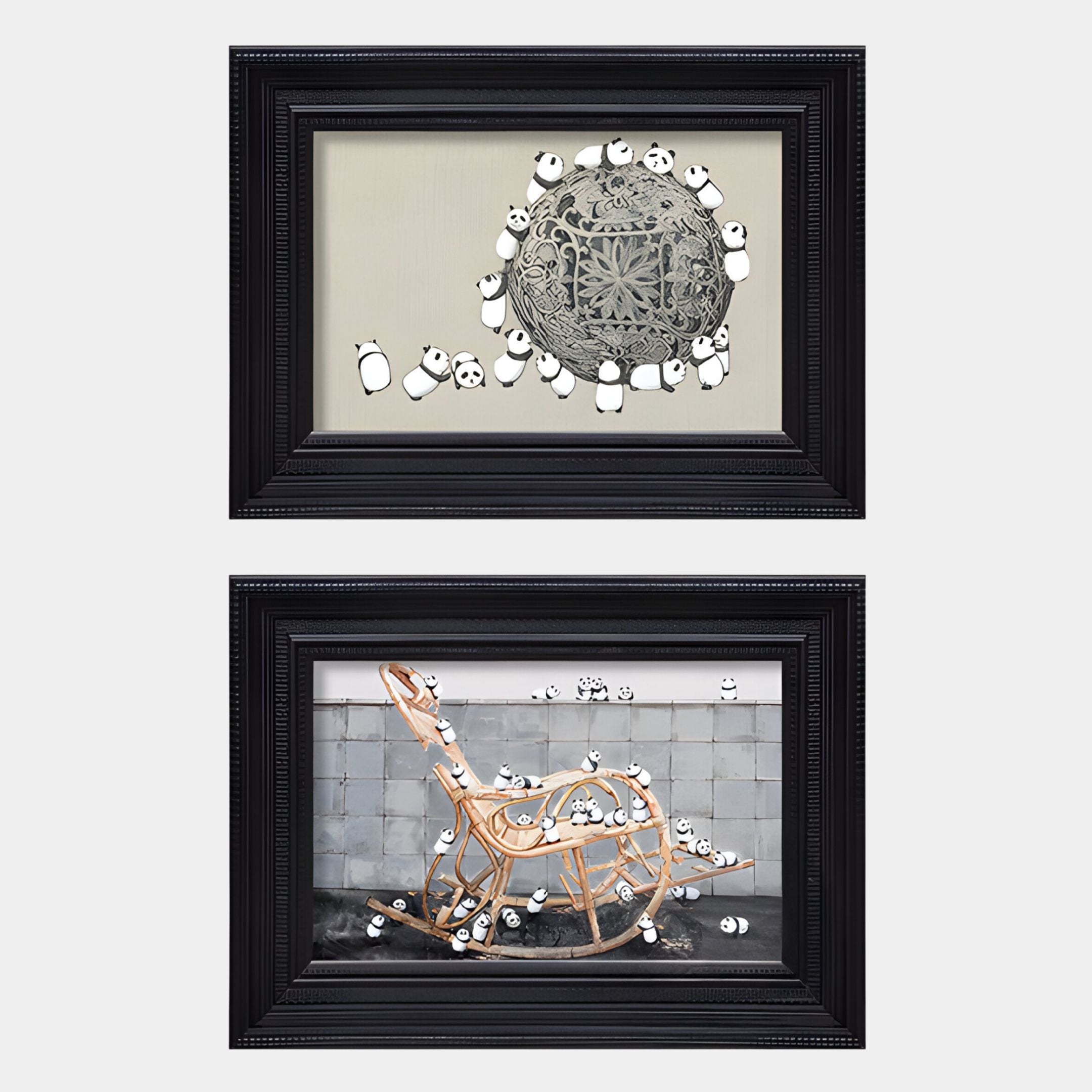 The Ardensir Panda Play Illustration 2-Set Framed Wall Art by Giant Sculptures includes two black-framed pieces: one with a lace doily and panda faces, the other with a rocking chair on tiles, both featuring playful panda characters.