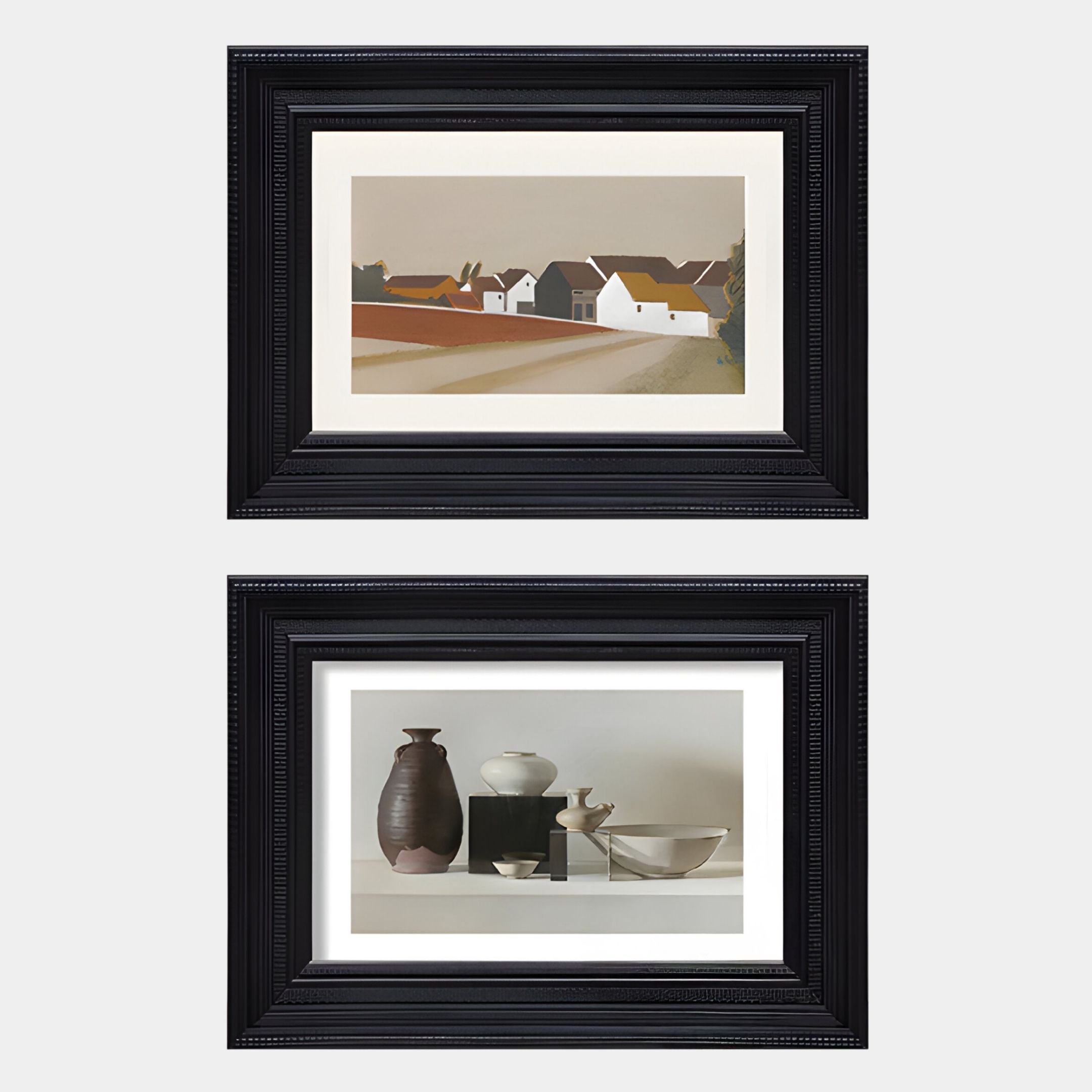 The Giant Sculptures Ardensir Village & Still Life Pottery 2-Set Framed Wall Art features a minimalist landscape with houses above and pottery still life below, both in black frames with white mats—ideal for vintage interiors.