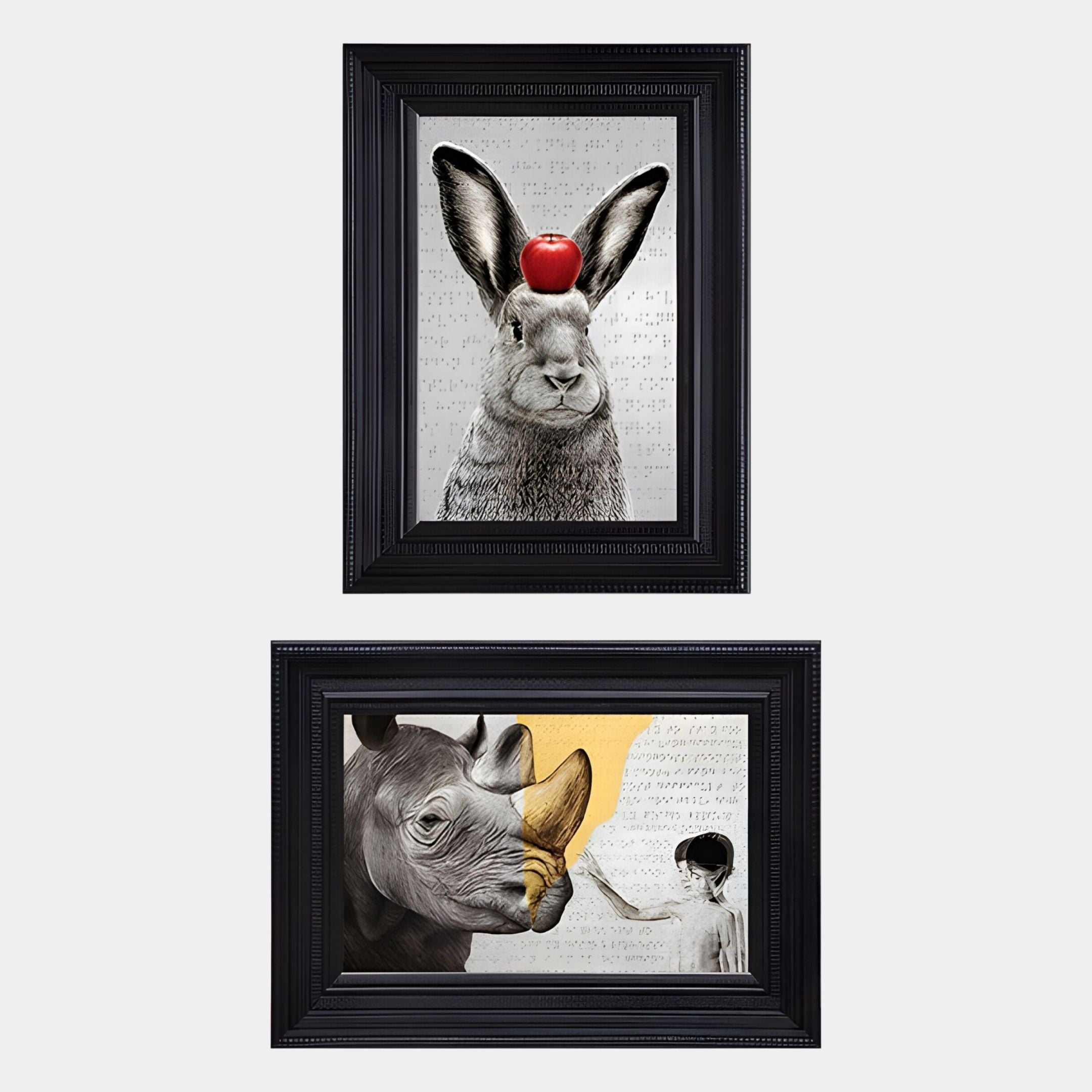 The Ardensir Rabbit & Rhino Surreal 2-Set Framed Wall Art by Giant Sculptures features a rabbit with black ears and a red apple, and a rhinoceros facing a child with gold accents. Both have white backgrounds with faint text.