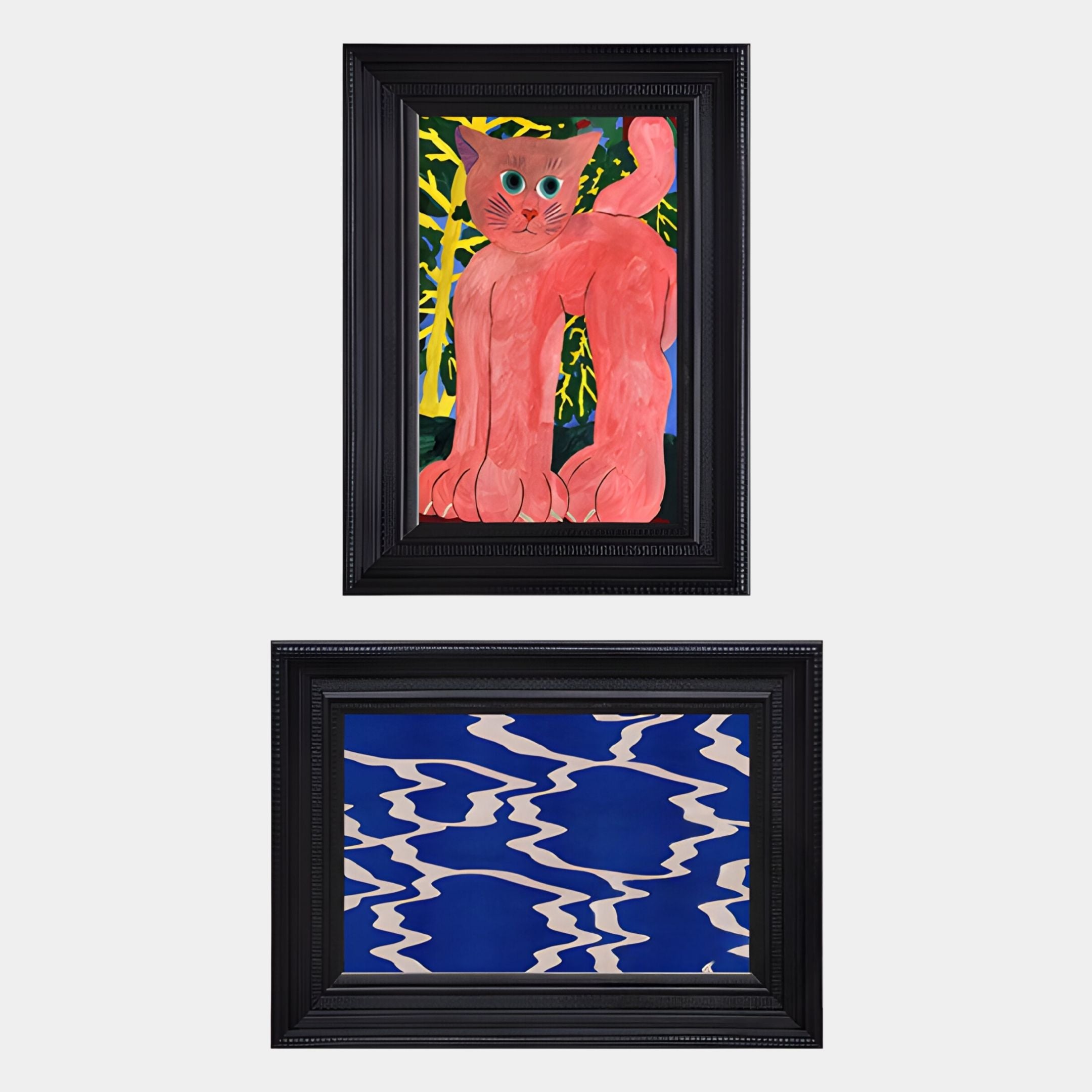 The Ardensir Pink Cat & Blue Ripple 2-Set Framed Wall Art by Giant Sculptures includes a pink cat with green eyes amid yellow-green foliage and abstract wavy beige lines on deep blue backgrounds.