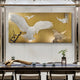 A modern dining room features Giant Sculptures' Aurellion White Birds Flight Gold Panel 3D Button Wall Art, showing white birds in flight above a long wooden table with minimal chairs, a tea set, and a small bonsai centerpiece.