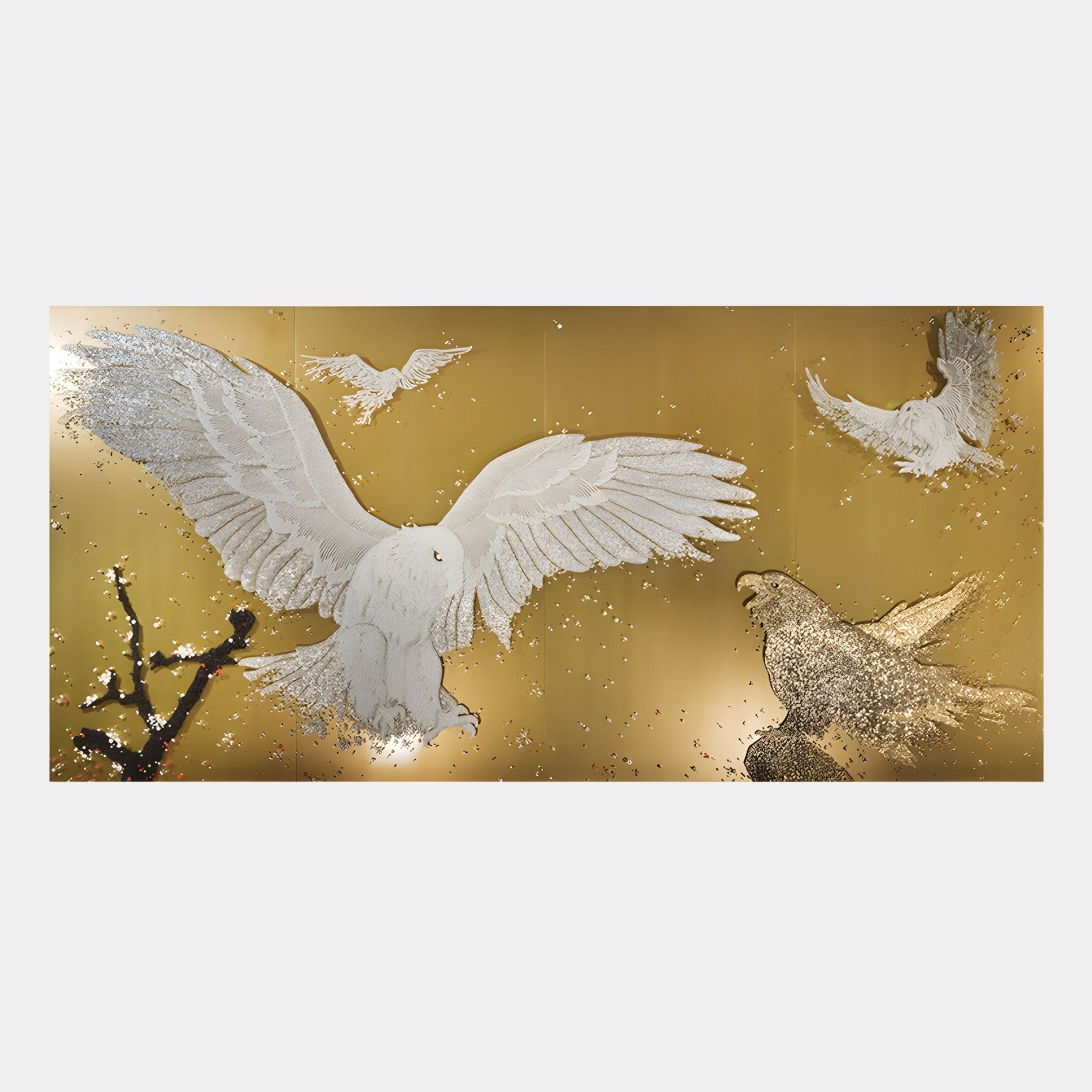 The Aurellion White Birds Flight Gold Panel 3D Button Wall Art by Giant Sculptures showcases four detailed white eagles with outstretched wings on a gold background, accented with black branches and glitter for modern, striking visual appeal.