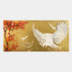 The Aurellion White Birds & Red Blossom Gold Panel 3D Button Wall Art by Giant Sculptures features two white birds soaring near a red-blossomed tree, with scattered petals on a stunning gold background.