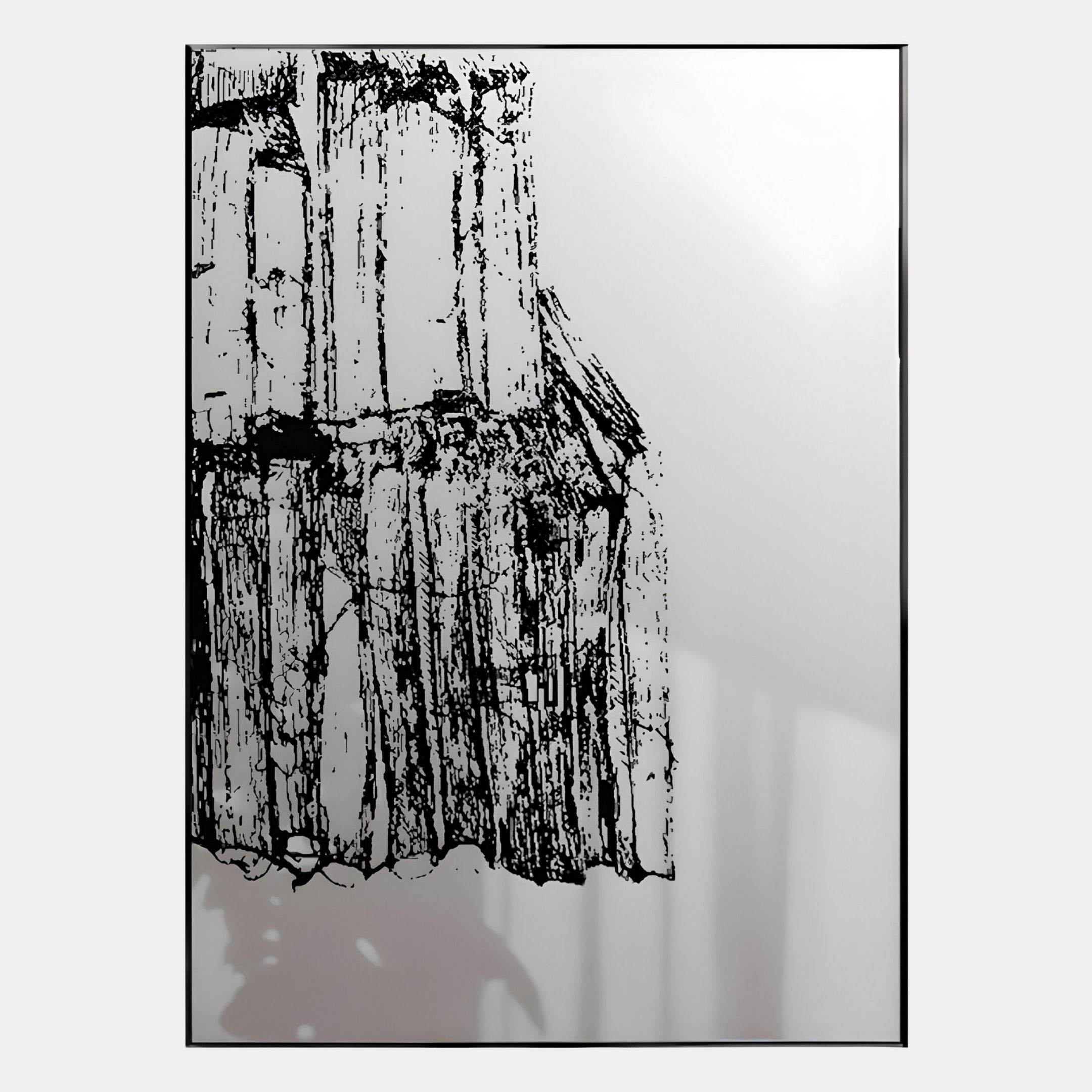 The Rivarenne Black Abstract Texture Steel Mirror 3D Wall Art by Giant Sculptures features a rugged, vertical black design in the top left on white, with faint shadows and striking depth for bold contrast.