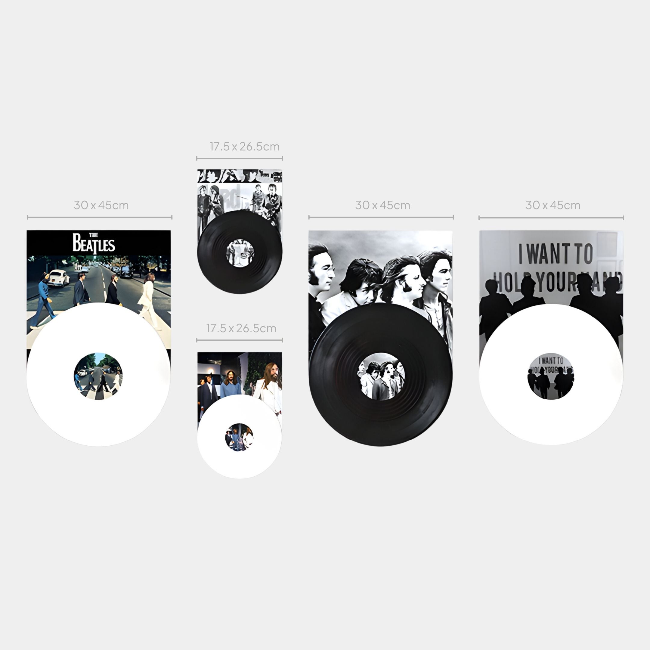 The Pressline Beatles Classics Record Collage 5-Panel Wall Art by Giant Sculptures features five framed vinyl records with classic black-and-white band photos, perfect for Beatles fans. Dimensions are shown above and beside each frame.