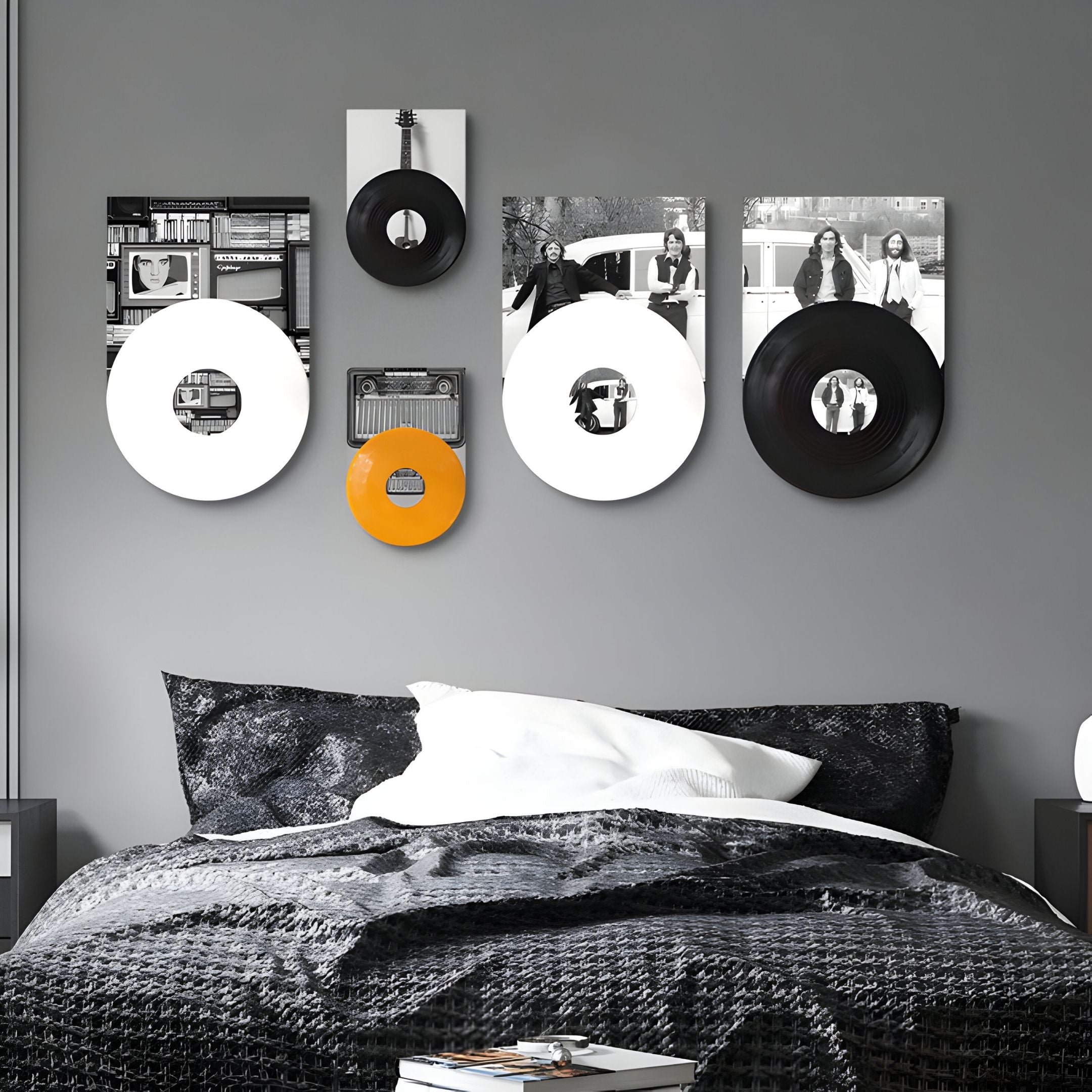 A modern bedroom with gray walls is elevated by Giant Sculptures' Pressline Beatles Retro Record Montage 5-Panel Wall Art above the bed, blending vinyl records, black-and-white photos, and geometric art for creative music-themed decor.