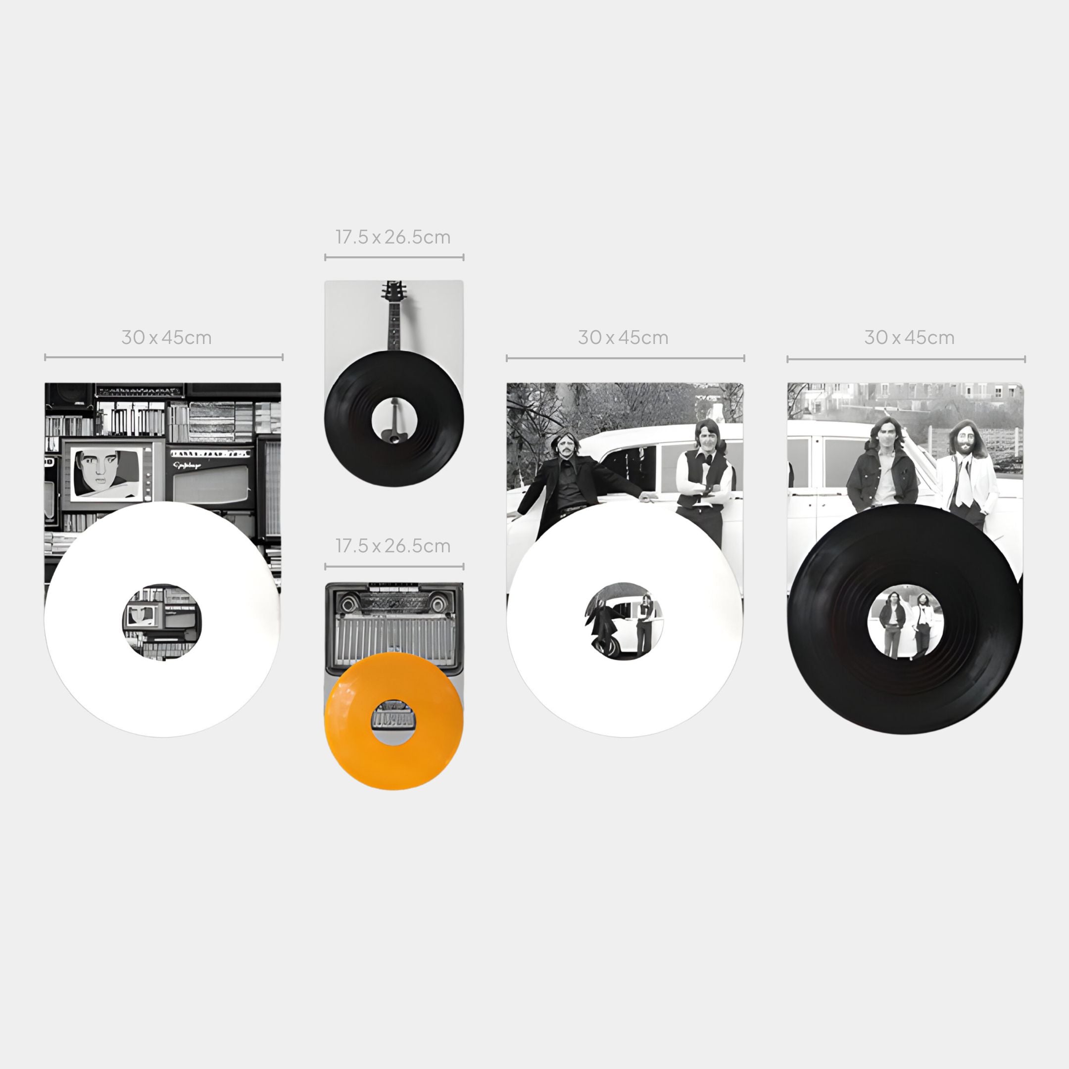 The Pressline Beatles Retro Record Montage 5-Panel Wall Art by Giant Sculptures features three photo frames with black-and-white images and two vinyl records (one orange) in various sizes, all labeled—perfect for Beatles or music room decor.