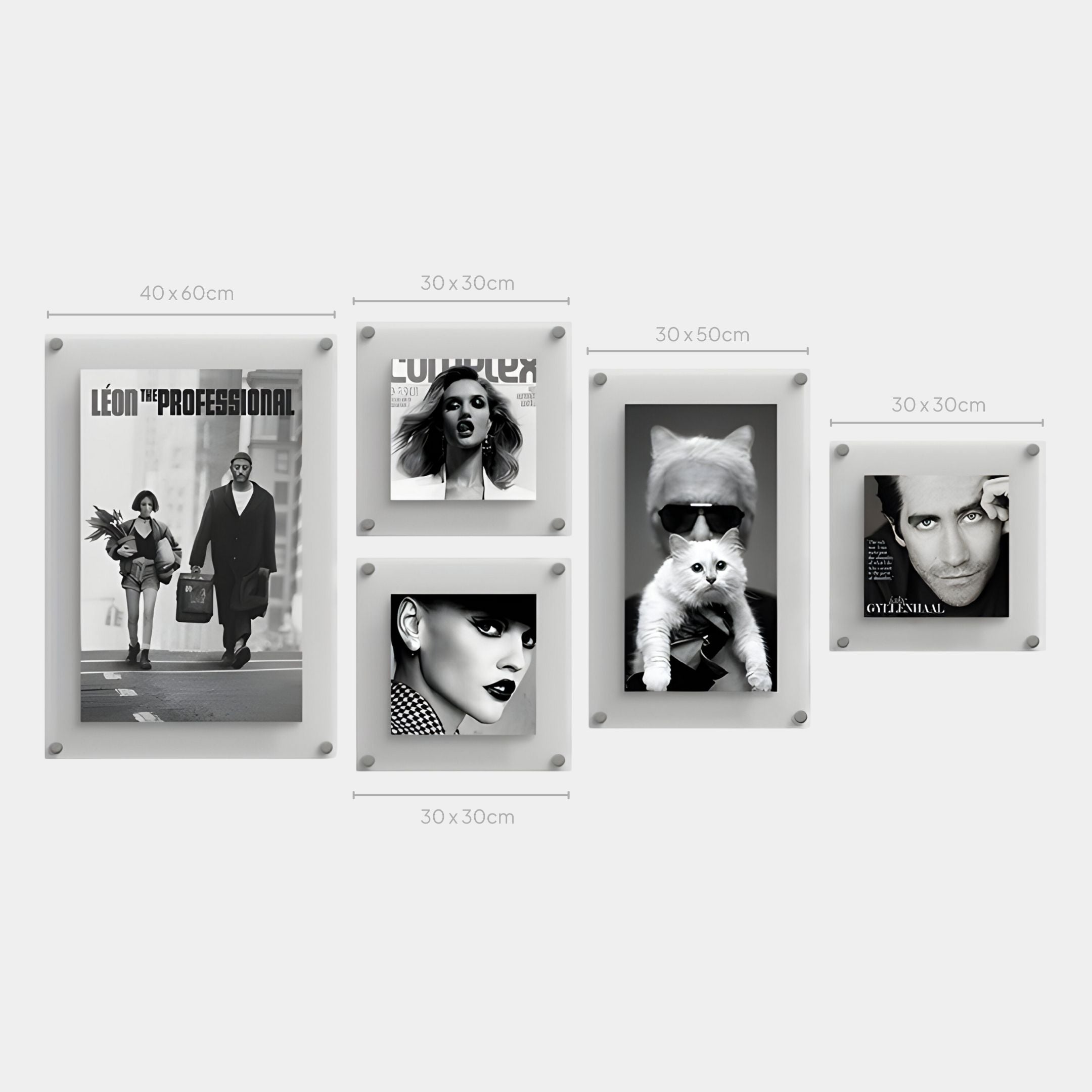 The Giant Sculptures CineLuxe Fashion Icons Retro 5-Panel Acrylic Wall Art set includes black and white framed posters of fashion icons, a cat with sunglasses, and movie art. Frame sizes vary and dimensions are labeled above each panel.