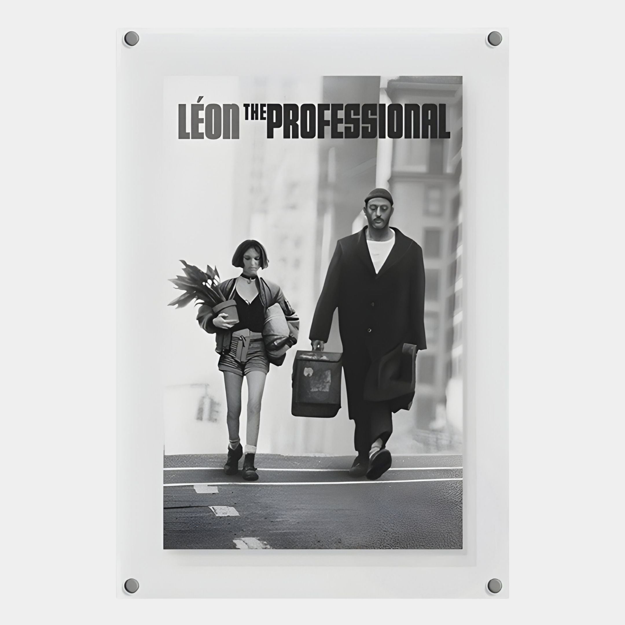 Enhance your space with the CineLuxe Léon The Professional Cinematic Poster Wall Art by Giant Sculptures, depicting a man in a long coat with a suitcase and a girl with plants walking side by side down a city street.