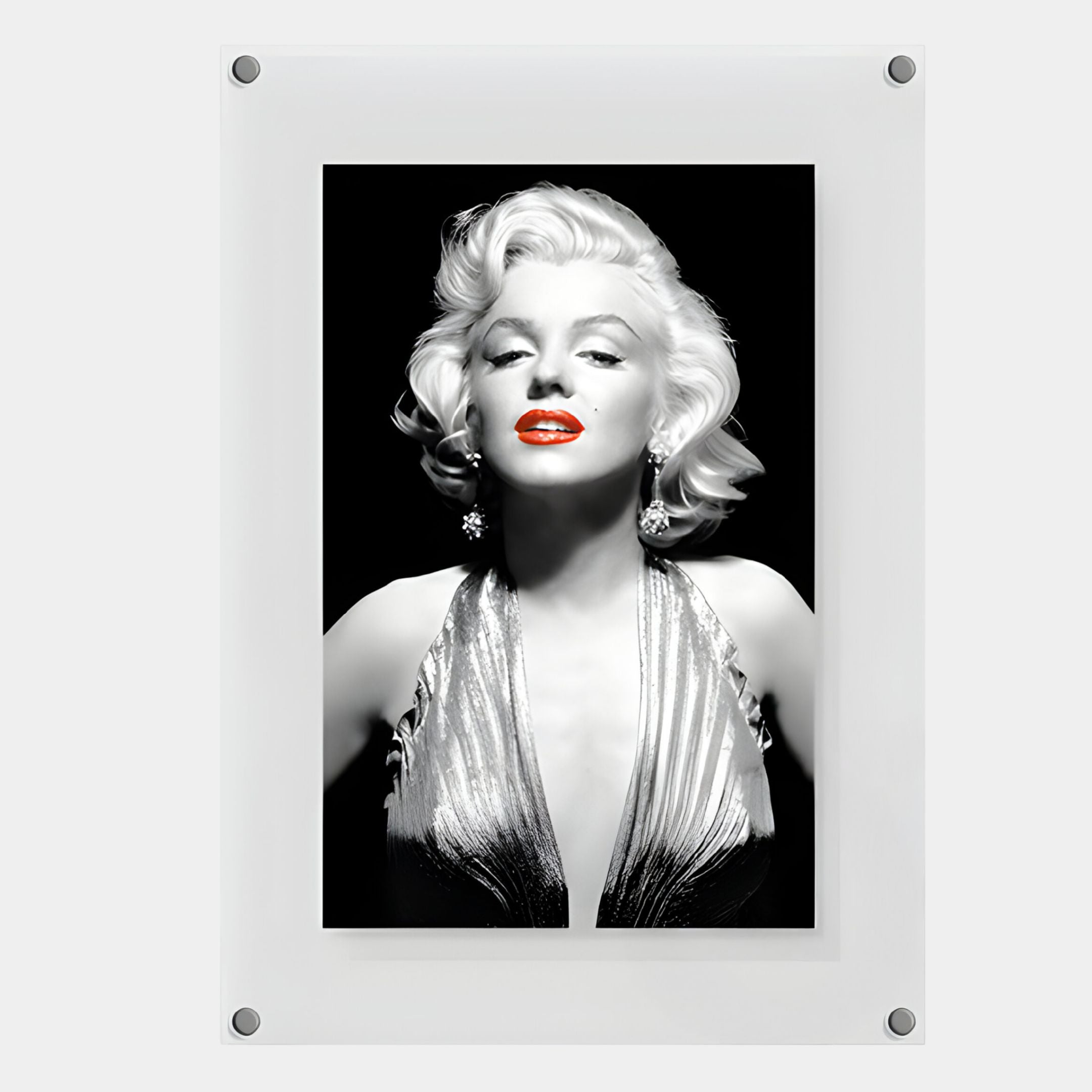 CineLuxe Modern Muse Black & White Fashion Portrait Wall Art by Giant Sculptures features a glamorous woman with platinum hair and red lips in a metallic dress, framed in white with corner bolts—a bold modern accent for any space.