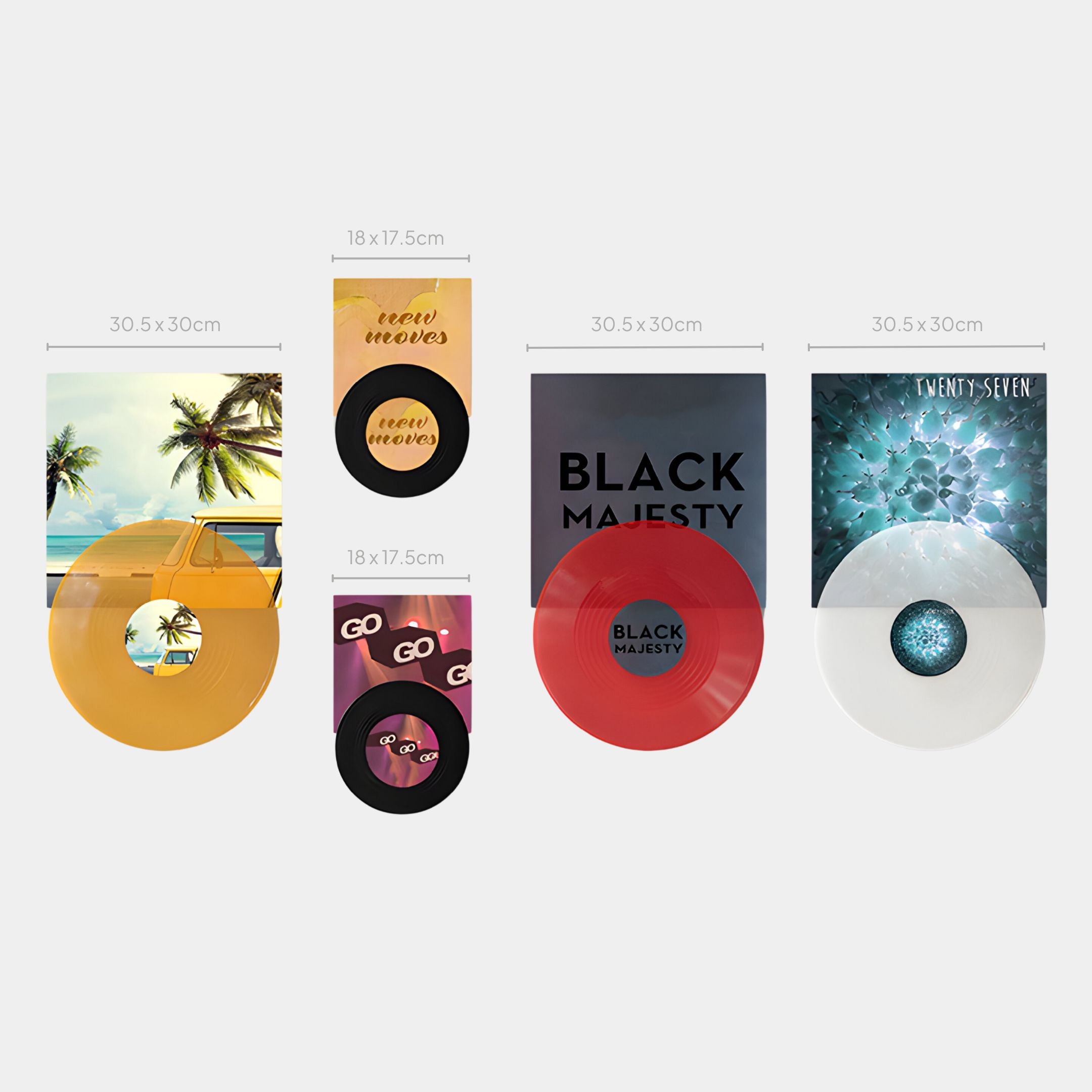 Add a pop of music-inspired color with Giant Sculptures’ Vinylscape Colour Pop Records 5-Panel Wall Art—features yellow, black, red, and white vinyl records with tropical, “Neon Waves,” “Black Majesty,” and blue abstract sleeves.