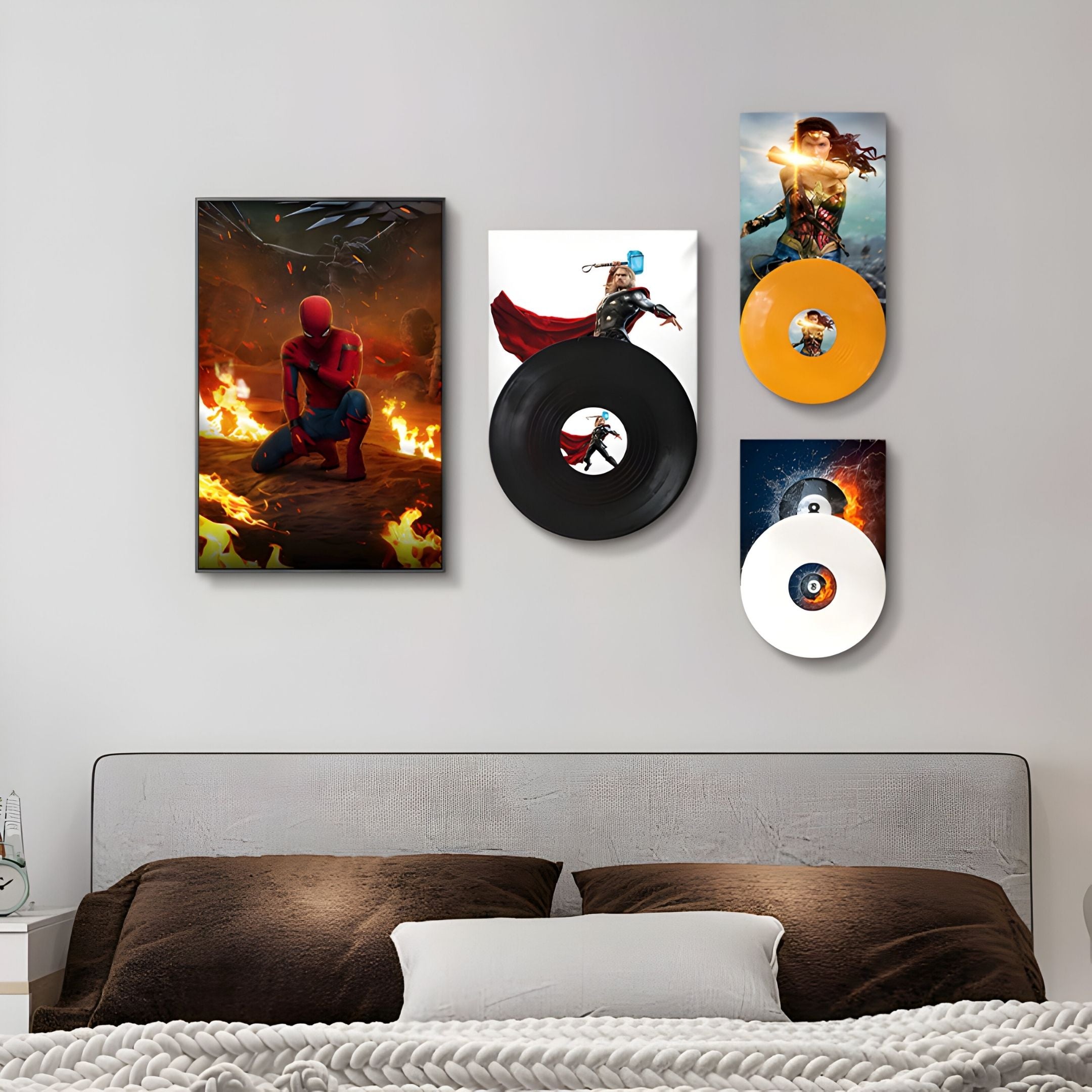 A bedroom wall above the bed showcases Giant Sculptures’ ReelRiot Firestorm Superheroes Record 4-Panel Wall Art, blending comic-inspired design with vibrant vinyl record decor for unique superhero flair.
