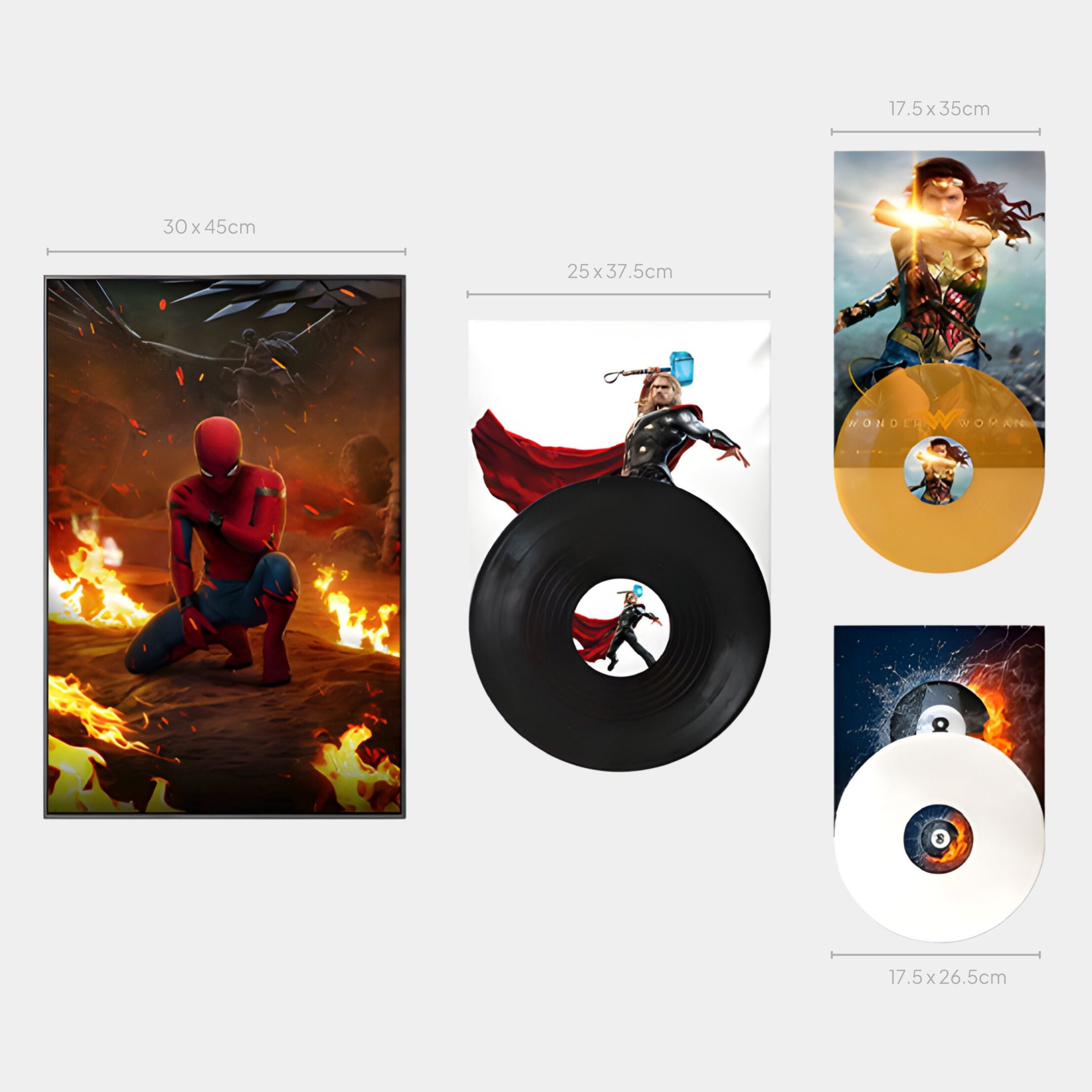 The ReelRiot Firestorm Superheroes Record 4-Panel Wall Art by Giant Sculptures showcases Spider-Man amid flames, Thor with a black vinyl record, and Wonder Woman with a gold record. Each impressive piece includes measurements in centimeters.