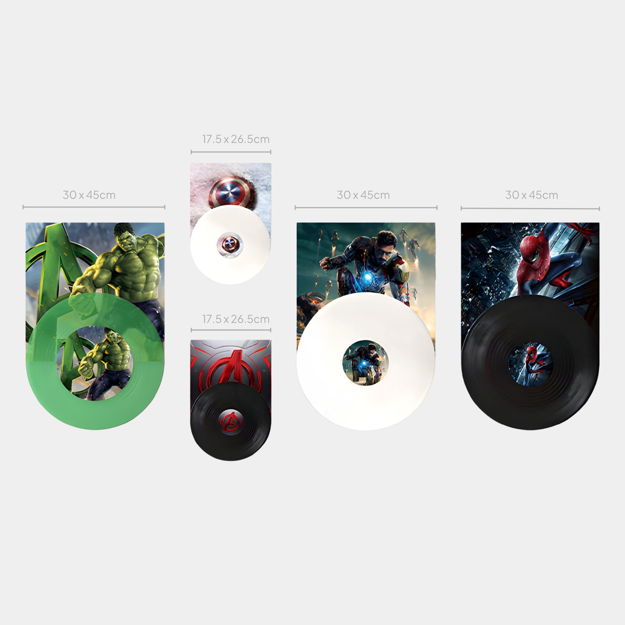 The ReelRiot Comic Legends Record 5-Panel Wall Art by Giant Sculptures showcases Marvel heroes Hulk, Iron Man, and Spider-Man with vibrant vinyl records over each panel, creating bold, modern comic wall art. See above for size details in centimeters.