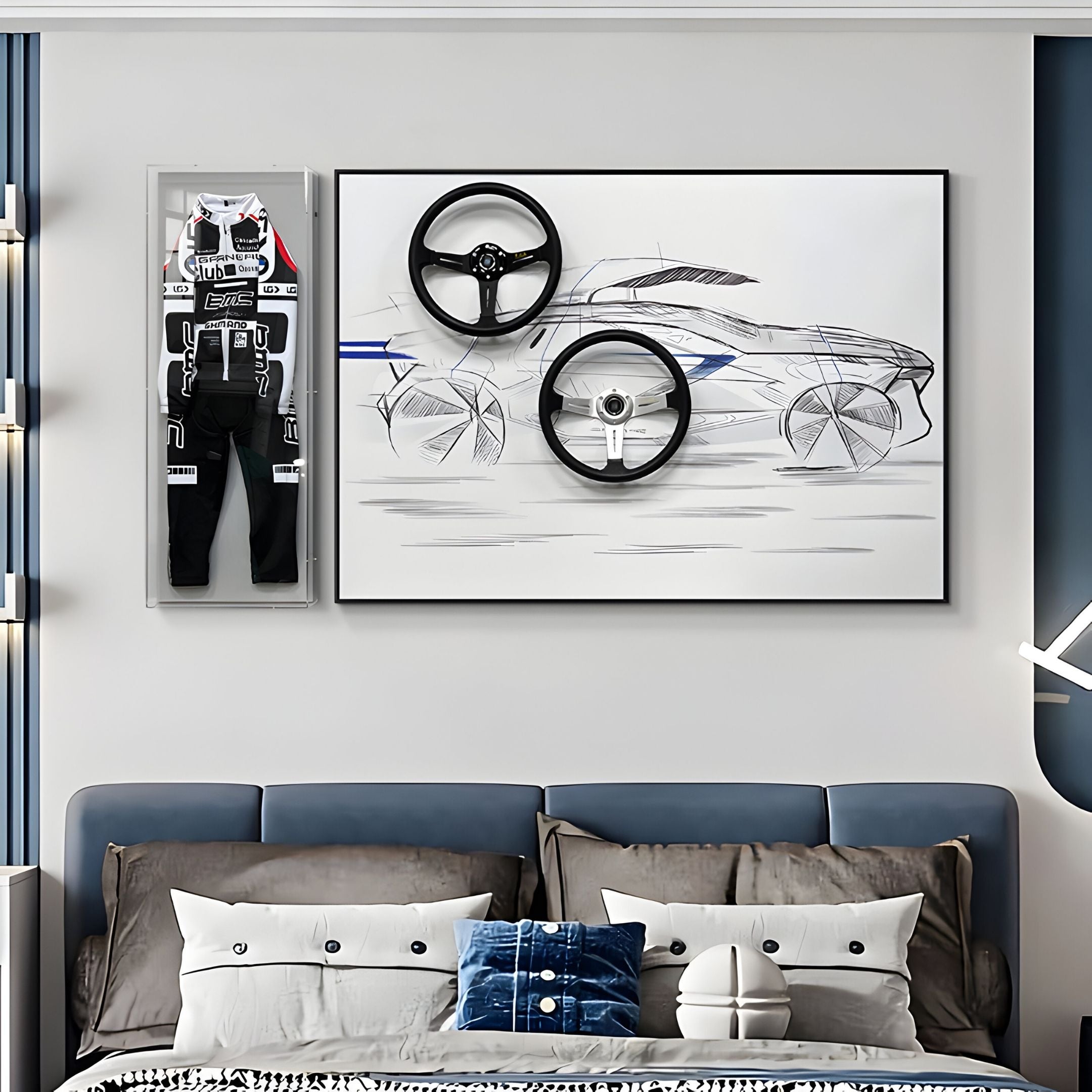 A modern bedroom with a bed, blue and gray bedding, and a shelf above the headboard displaying a framed racing suit. Giant Sculptures’ Apexline Motorsport Racing Theme 2-Set 3D Wall Art showcases car sketches and real steering wheels.