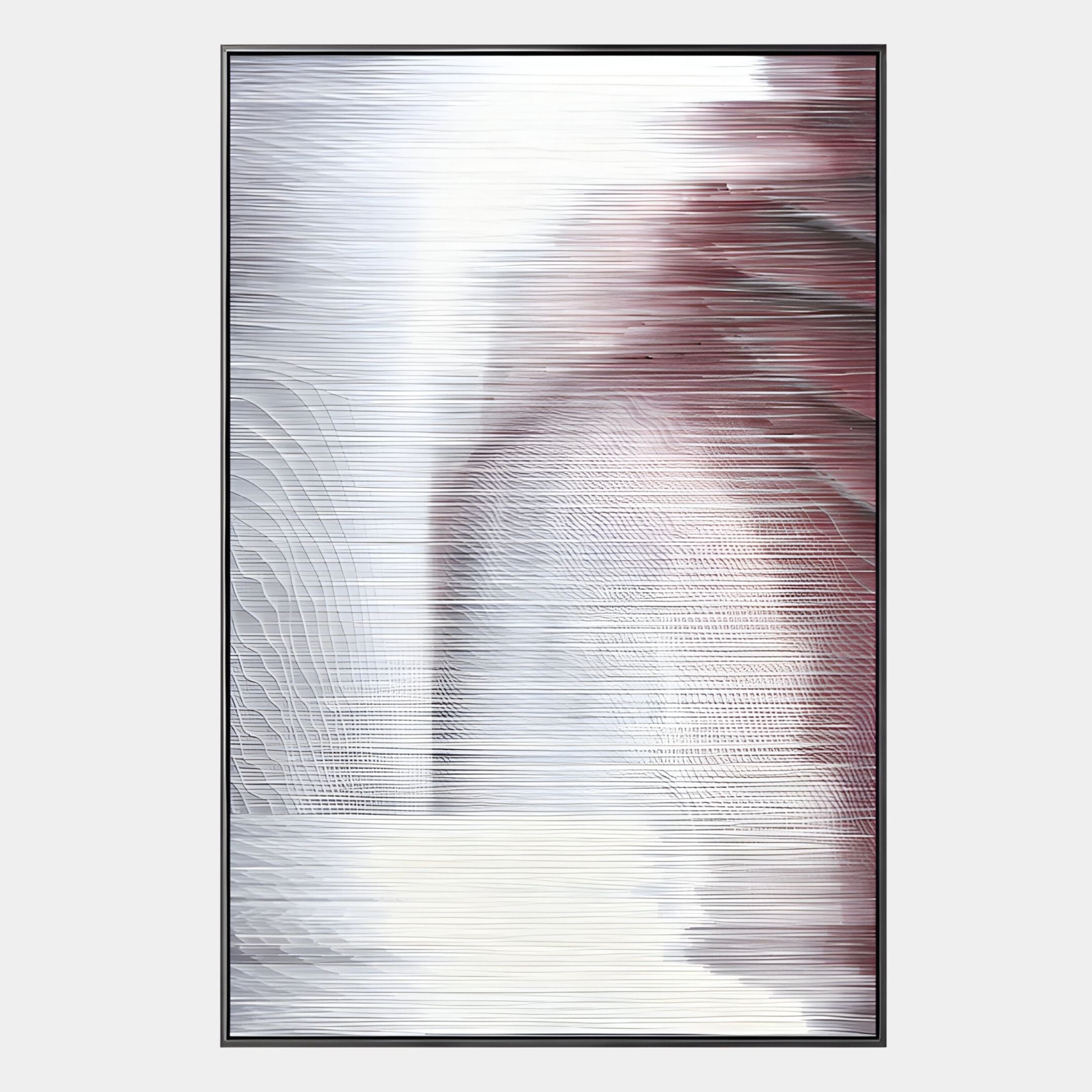 The Striathen Crimson & Grey Blur Textured Rope 3D Wall Art by Giant Sculptures features dynamic white lines and blended maroon, gray, and black gradients within a sleek rectangular black frame for a modern look.