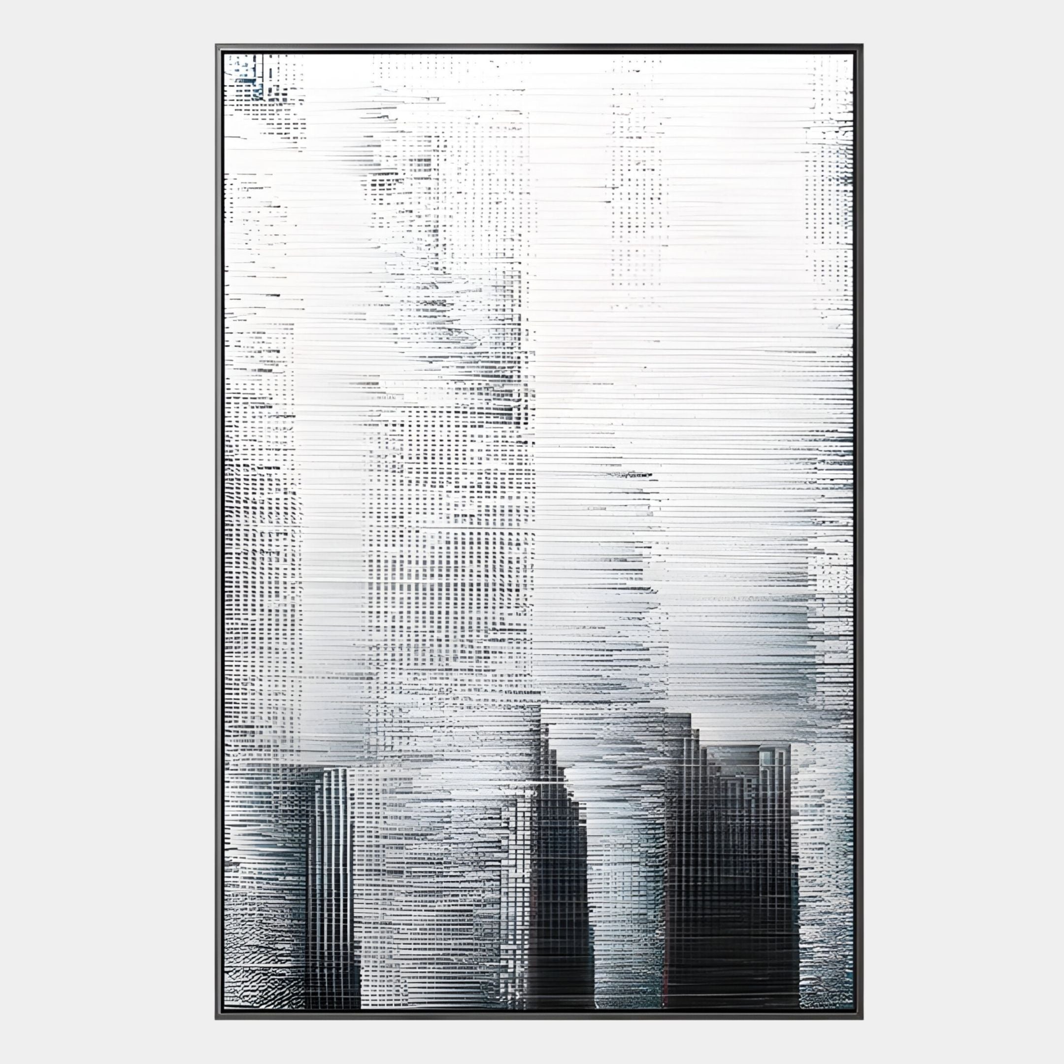 The Striathen Smoke & Silver Blur Textured Rope 3D Wall Art by Giant Sculptures features vertical black and gray lines with pixelated patterns on a white background, evoking depth and movement in modern abstract style.
