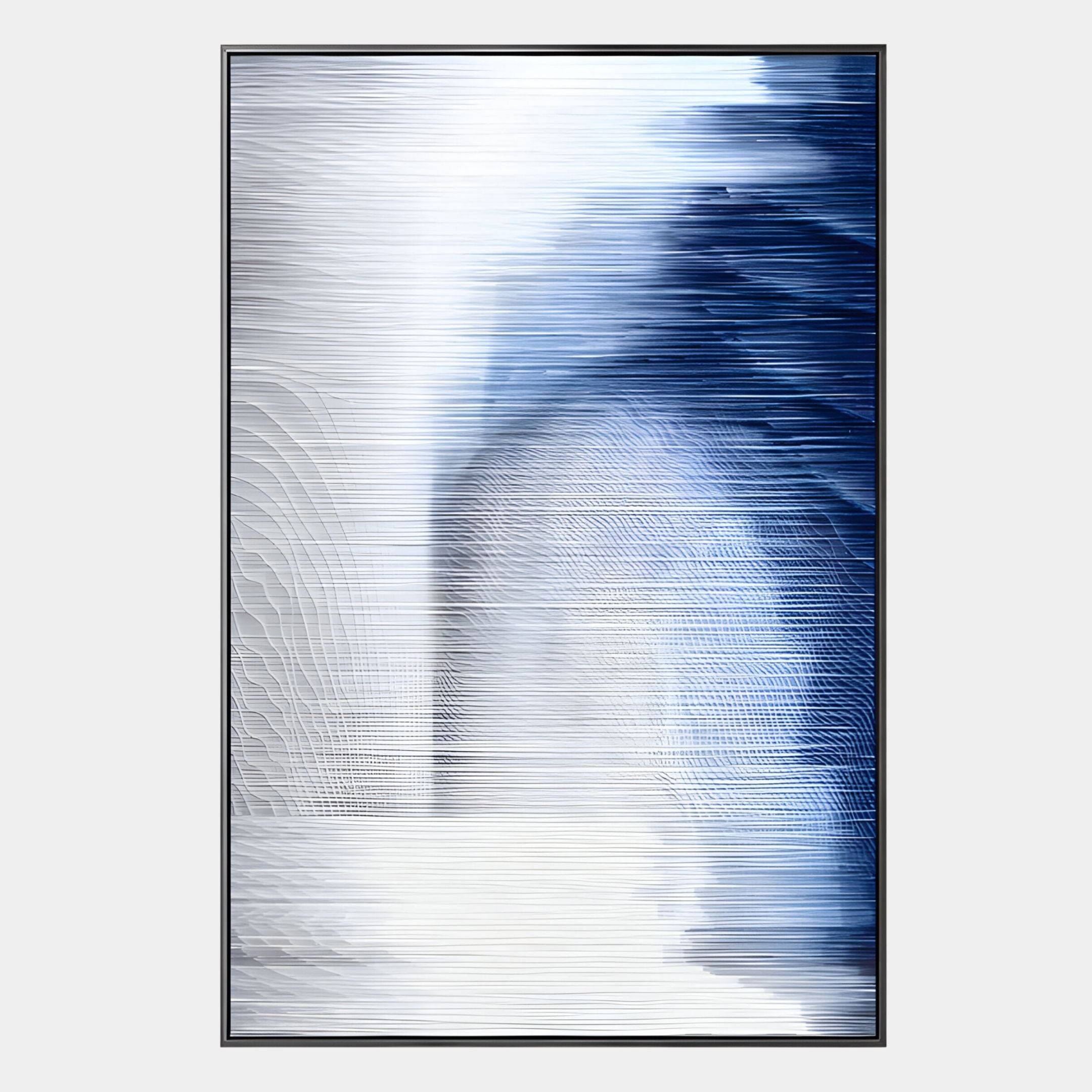 Striathen Cobalt & Grey Blur Textured Rope 3D Wall Art by Giant Sculptures showcases flowing white, gray, and deep blue lines for dynamic movement—perfect as modern wall decor or a striking 3D art piece in contemporary spaces.