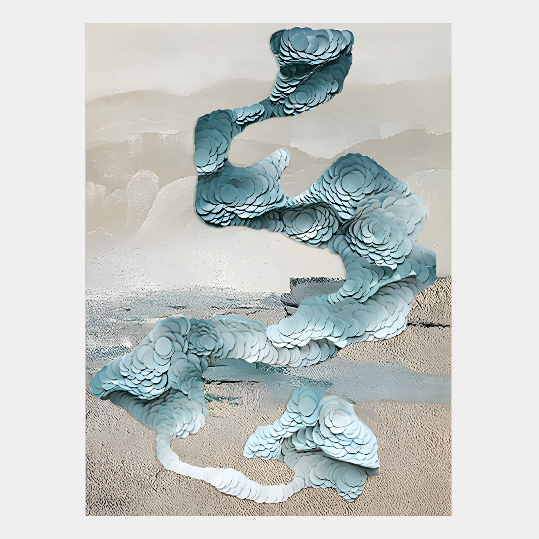 Aqualoom I Layered Leather Hand-Painted 3D Wall Art by Giant Sculptures features overlapping blue and teal circles forming a winding, cloud-like path on a neutral background for a modern, dimensional look.