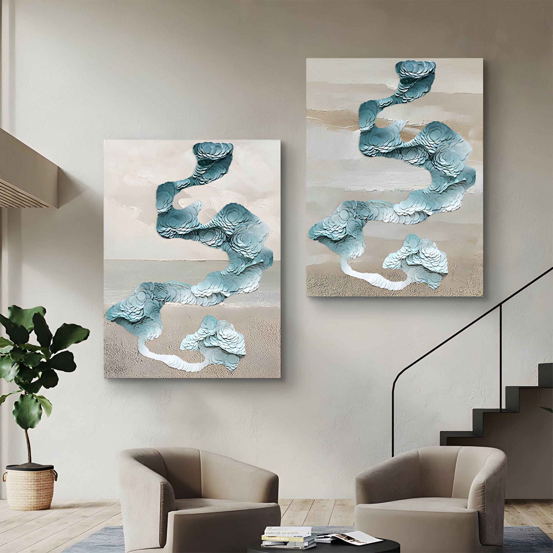 The Aqualoom III Layered Leather Hand-Painted 3D Wall Art by Giant Sculptures, featuring blue and white textured swirls, hangs on a beige wall above two light gray armchairs and a potted plant, beside a modern black staircase.