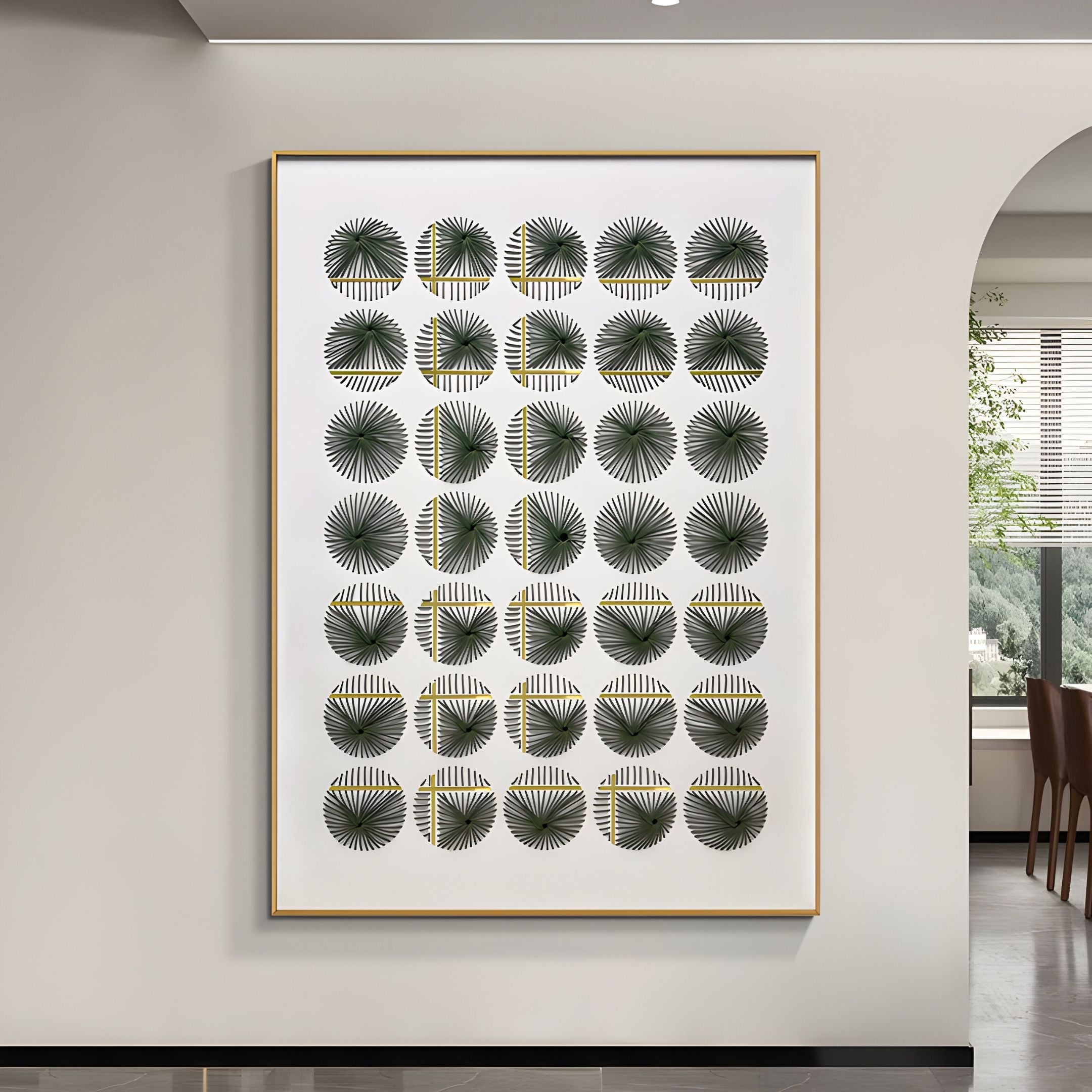 The Pinstripe Radial Disc Hand-Woven Metal 3D Wall Art by Giant Sculptures adds modern style to any space with its unique geometric design, perfect as a contemporary focal point on light-colored living room walls.