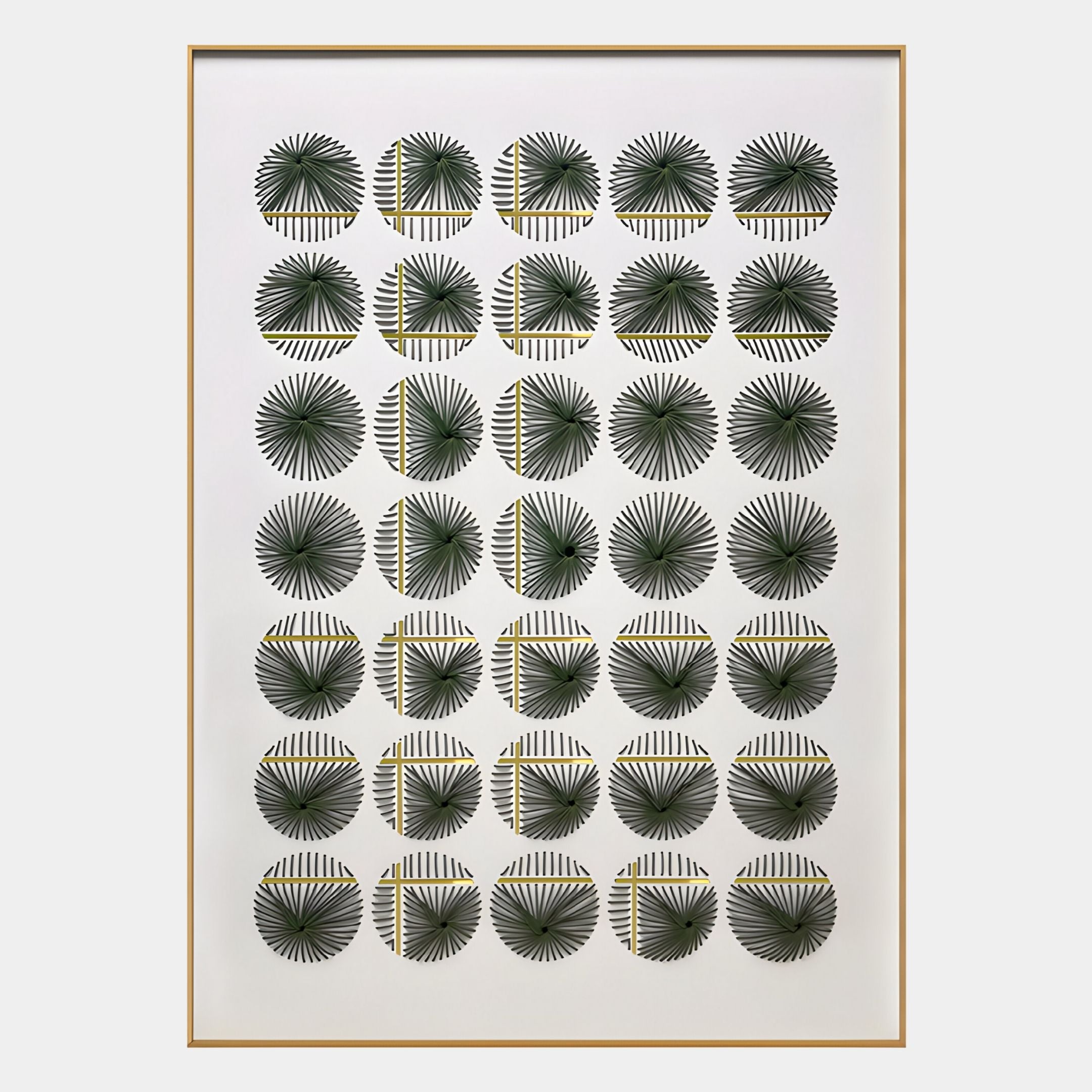 The Pinstripe Radial Disc Hand-Woven Metal 3D Wall Art by Giant Sculptures showcases a grid of 35 circles with green palm leaves on striped black and white backgrounds, perfect as modern geometric decor for your living room.