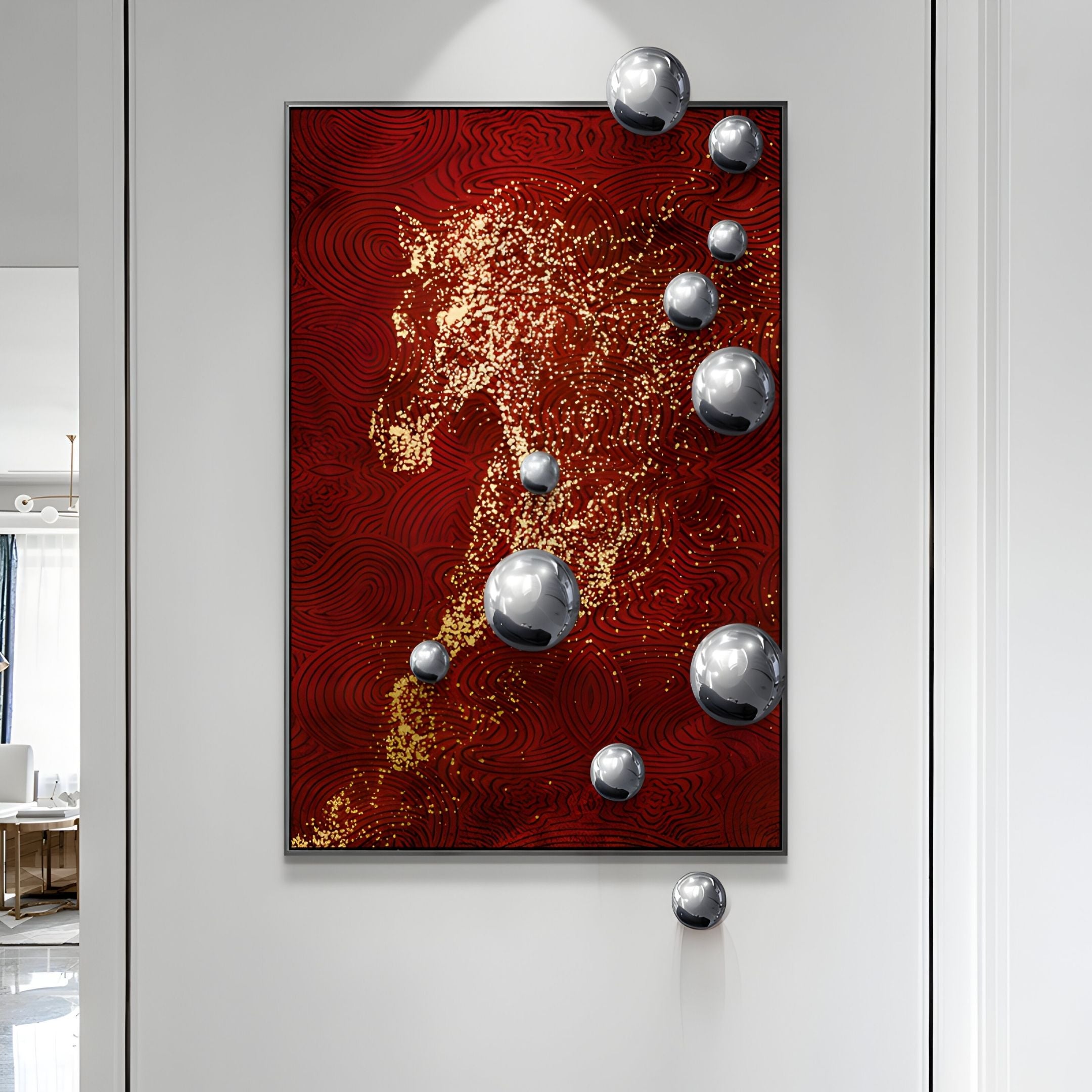 The AstraLuxe Crimson & Gold 3D Wall Art With Metal Balls by Giant Sculptures showcases a golden horse silhouette on a textured crimson and gold background, accented with metallic spheres for a modern luxury effect.