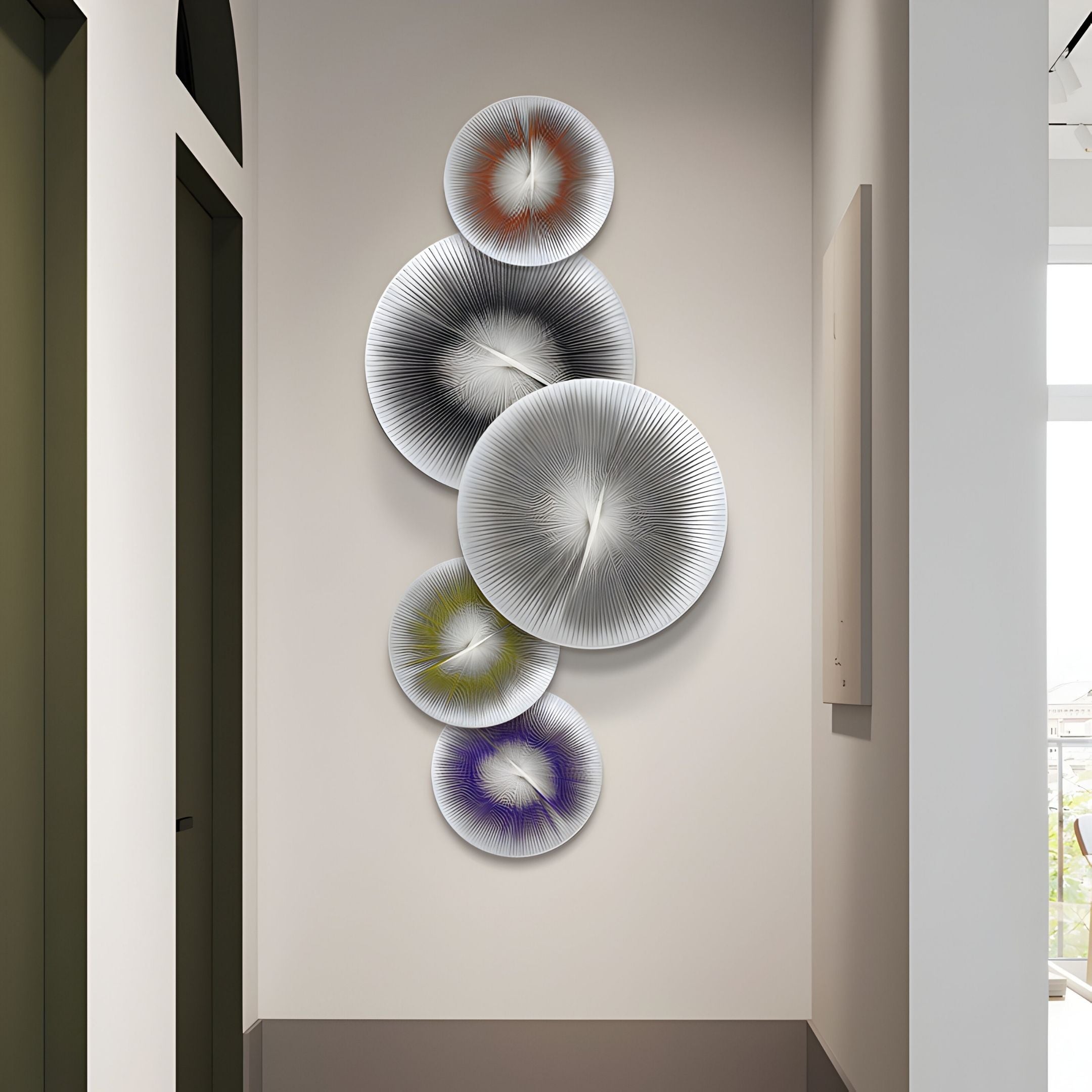 The Centria I Multicolour Disc 5-Panel 3D Leather Wall Art by Giant Sculptures features silver, orange, green, purple, and blue overlapping discs with radiating patterns for a striking accent in modern spaces.