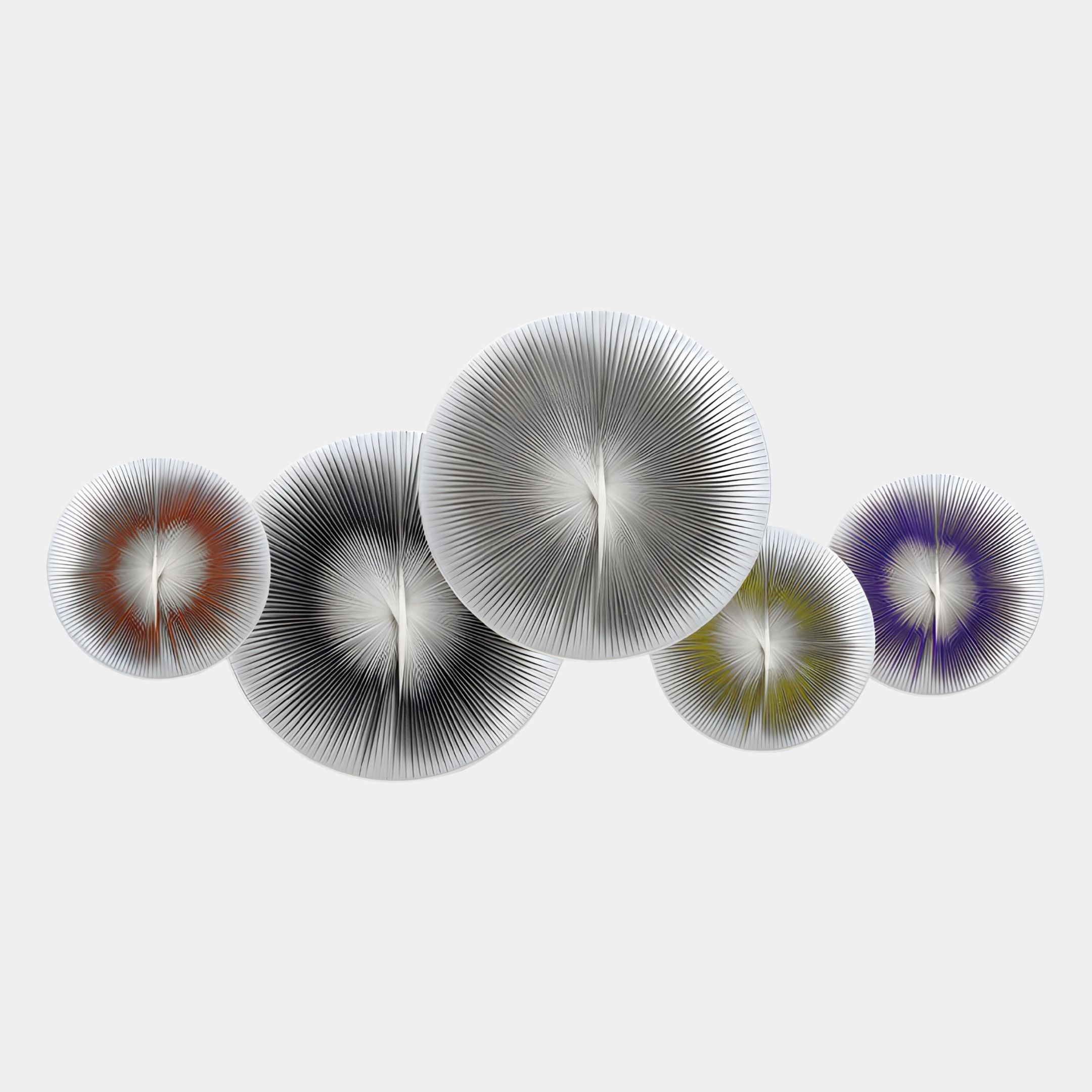 The Centria I Multicolour Disc 5-Panel 3D Leather Wall Art by Giant Sculptures features five overlapping circles with radiating black, gray, red, yellow, and purple lines—an abstract accent ideal for modern spaces.