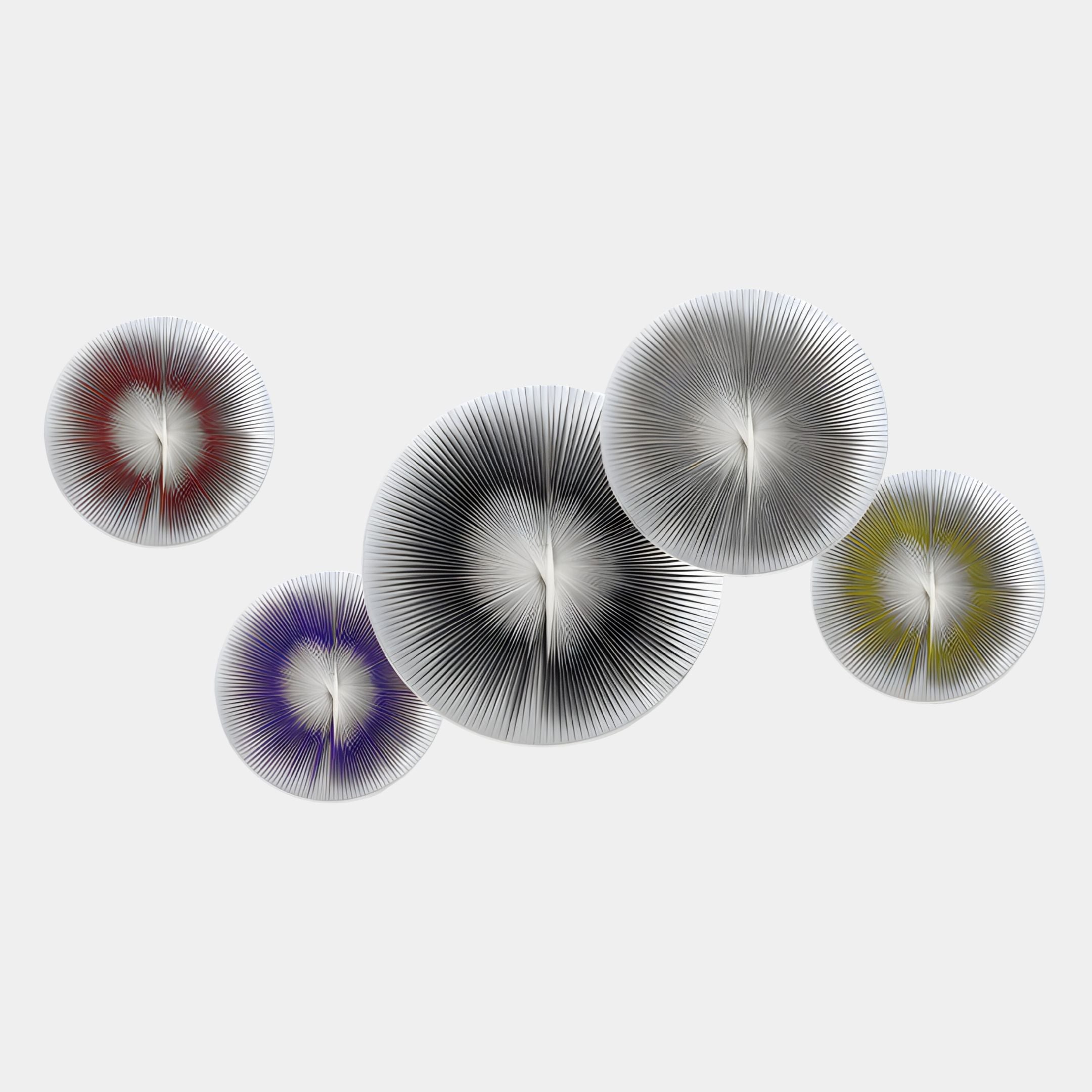 The Centria II Multicolour Disc 5-Panel 3D Leather Wall Art by Giant Sculptures features five abstract, spiky discs with radiating black lines and vibrant centers on a light gray background—ideal for striking contemporary wall decor.