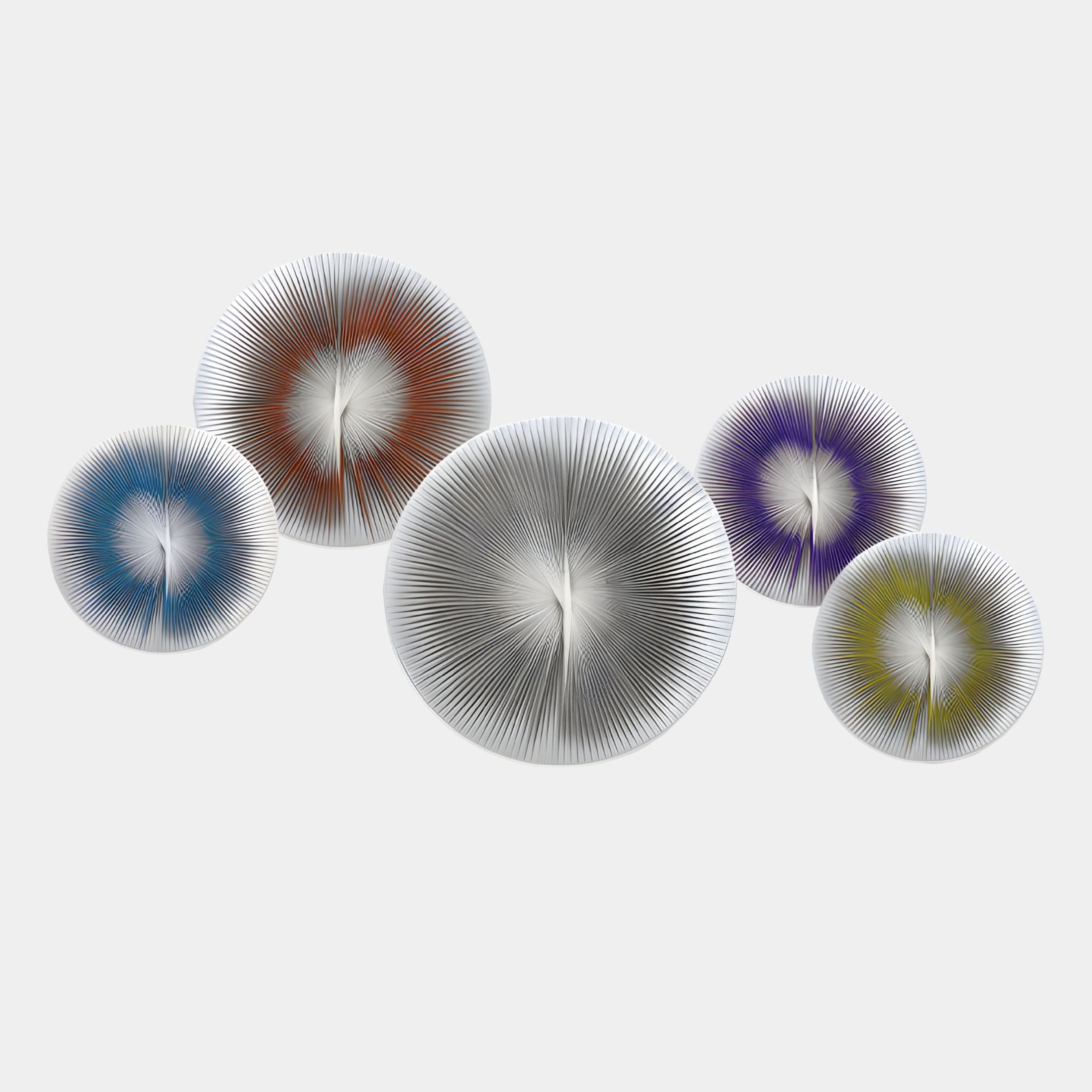 The Centria III Multicolour Disc 5-Panel 3D Leather Wall Art by Giant Sculptures features five overlapping circular panels in blue, red, gray, purple, and yellow, each with radial lines, creating a bold design on a white background.