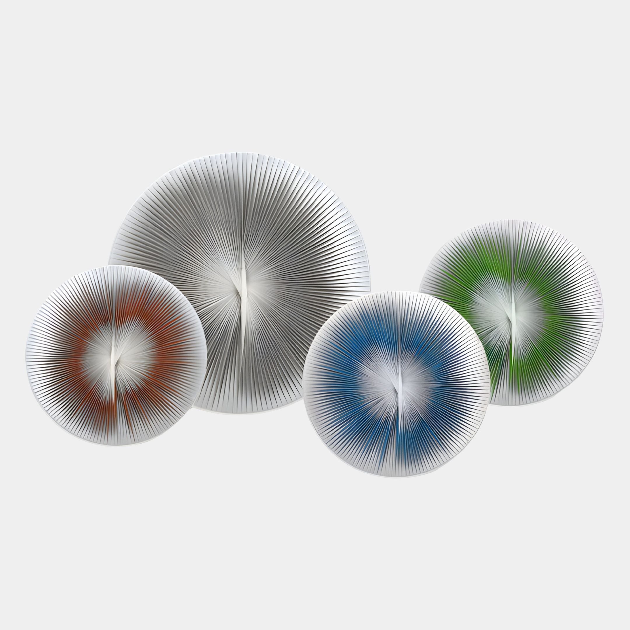The Centria Multicolour Disc 4-Panel 3D Leather Wall Art by Giant Sculptures features four vibrant circular designs, perfect for adding striking modern style to contemporary spaces against a white background.