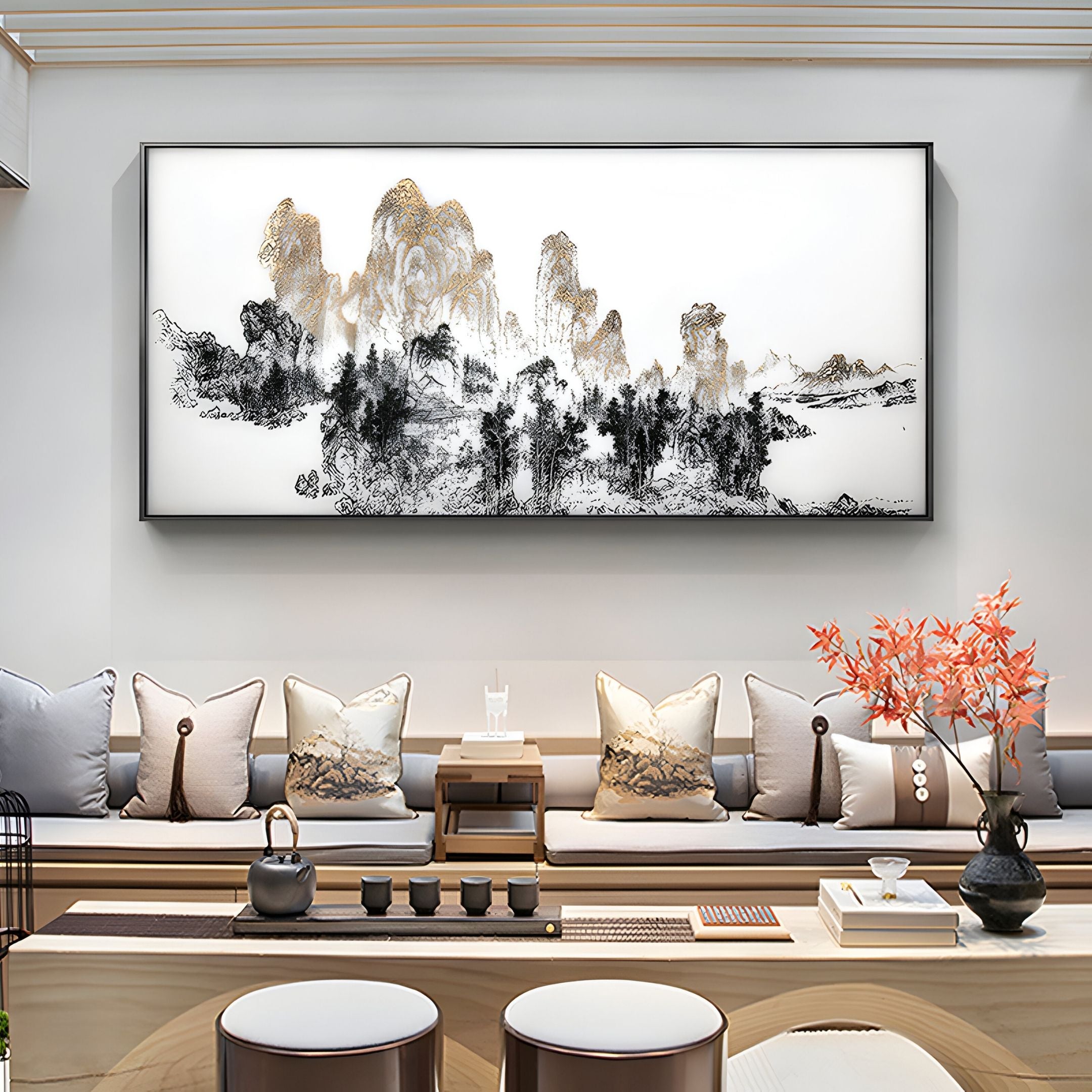 A modern living room features the Aureink Mountain Panorama Textured Silk 3D Wall Art by Giant Sculptures above a gray sofa, with decorative pillows, a tea set on the table, and orange flowers in a vase for an elegant, tranquil feel.