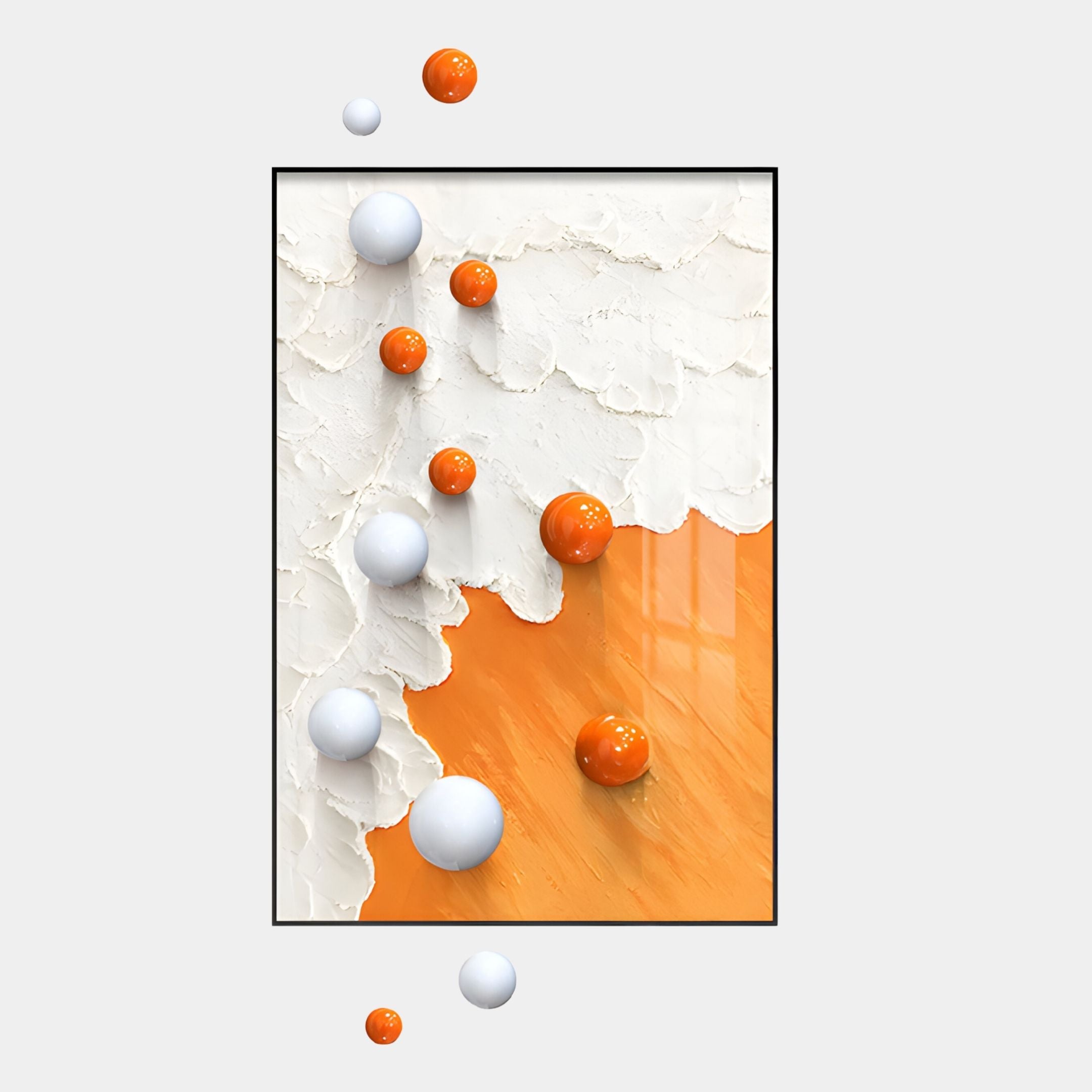 The Tideborne White & Orange Texture 3D Wall Art With Metal Balls by Giant Sculptures features textured white and smooth orange paint, accented by glossy orange and white metal spheres—perfect for modern interiors.